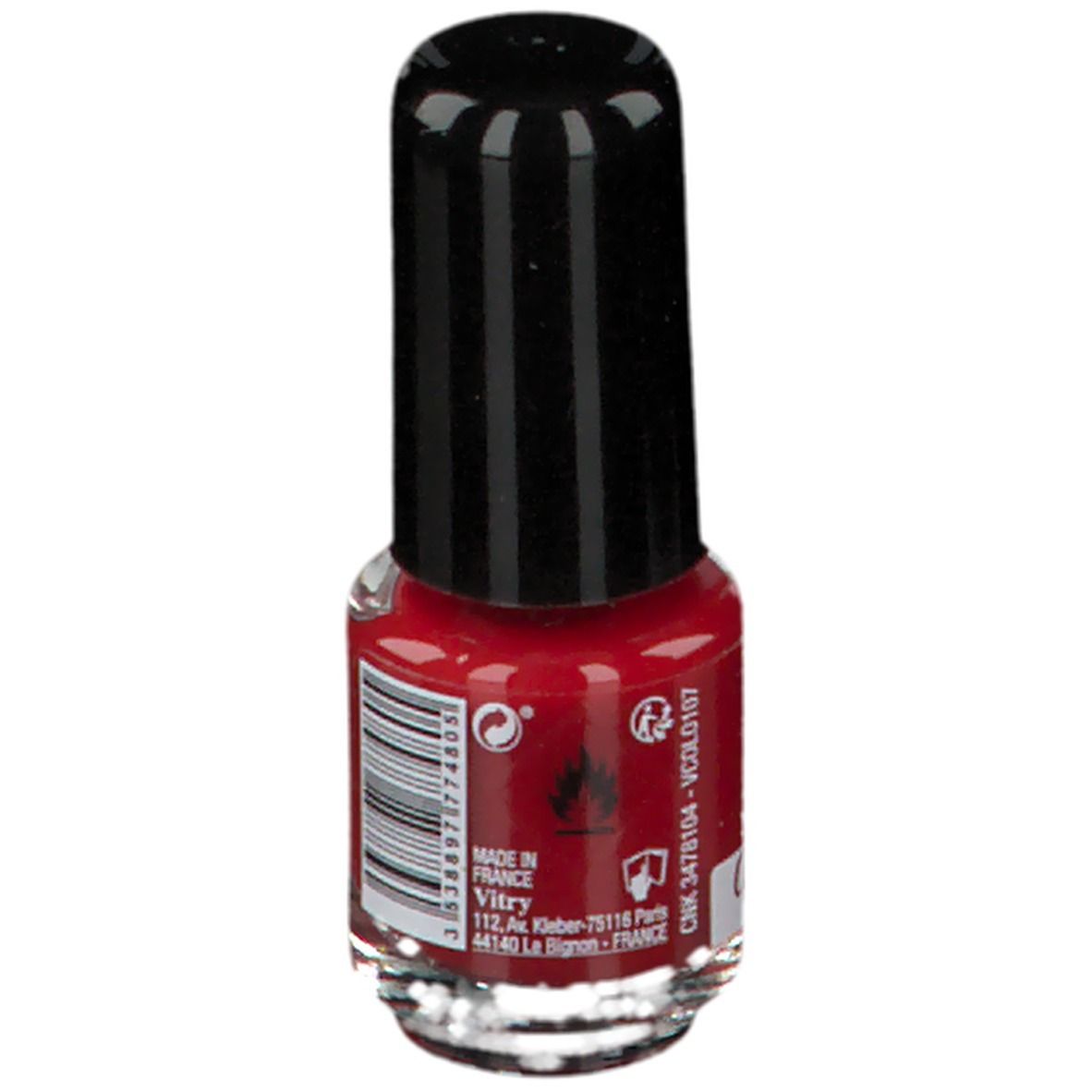 Roter Nagellackflakon mit schwarzem Deckel. Aufschrift: Made in France. Adresse: Vitry, 75116 Paris.