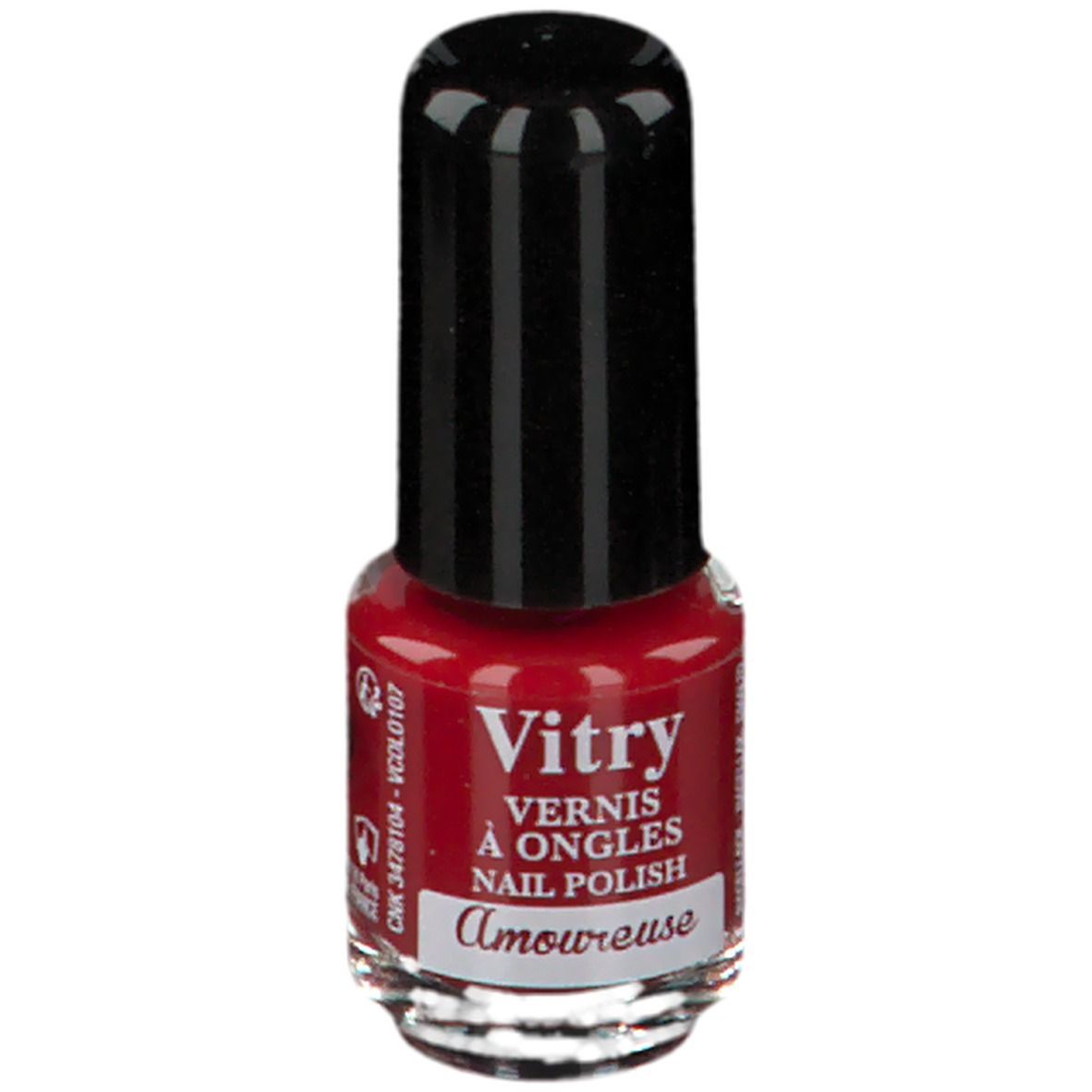 Roter Nagellackflakon mit schwarzem Deckel. Aufschrift: Vitry, Vernis à Ongles, Nail Polish, Amoureuse.