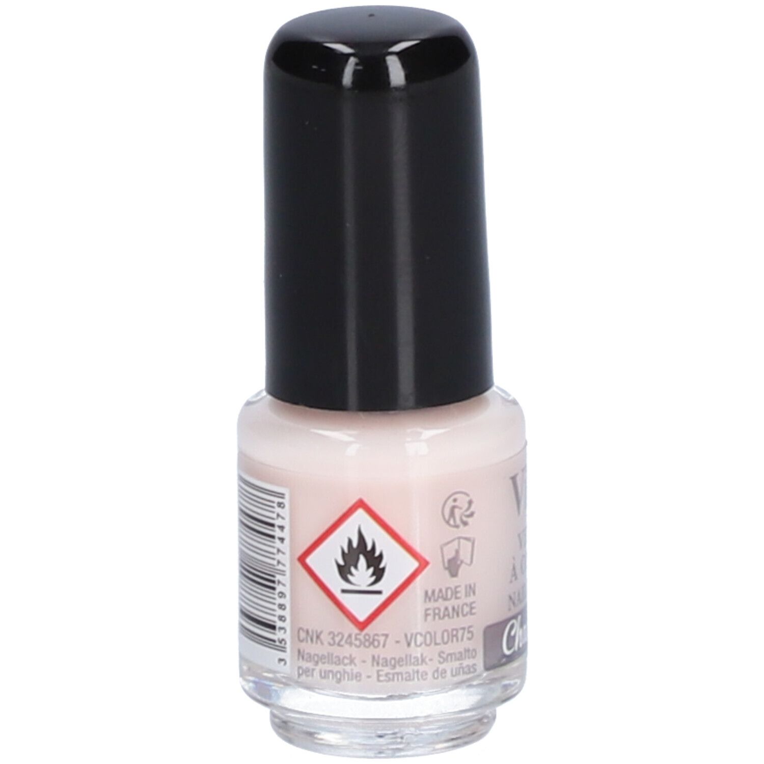 Nagellakflesje met zwarte dop. Waarschuwing: Ontvlambaar. Opschrift: Vitry, Chamallow, Made in France.