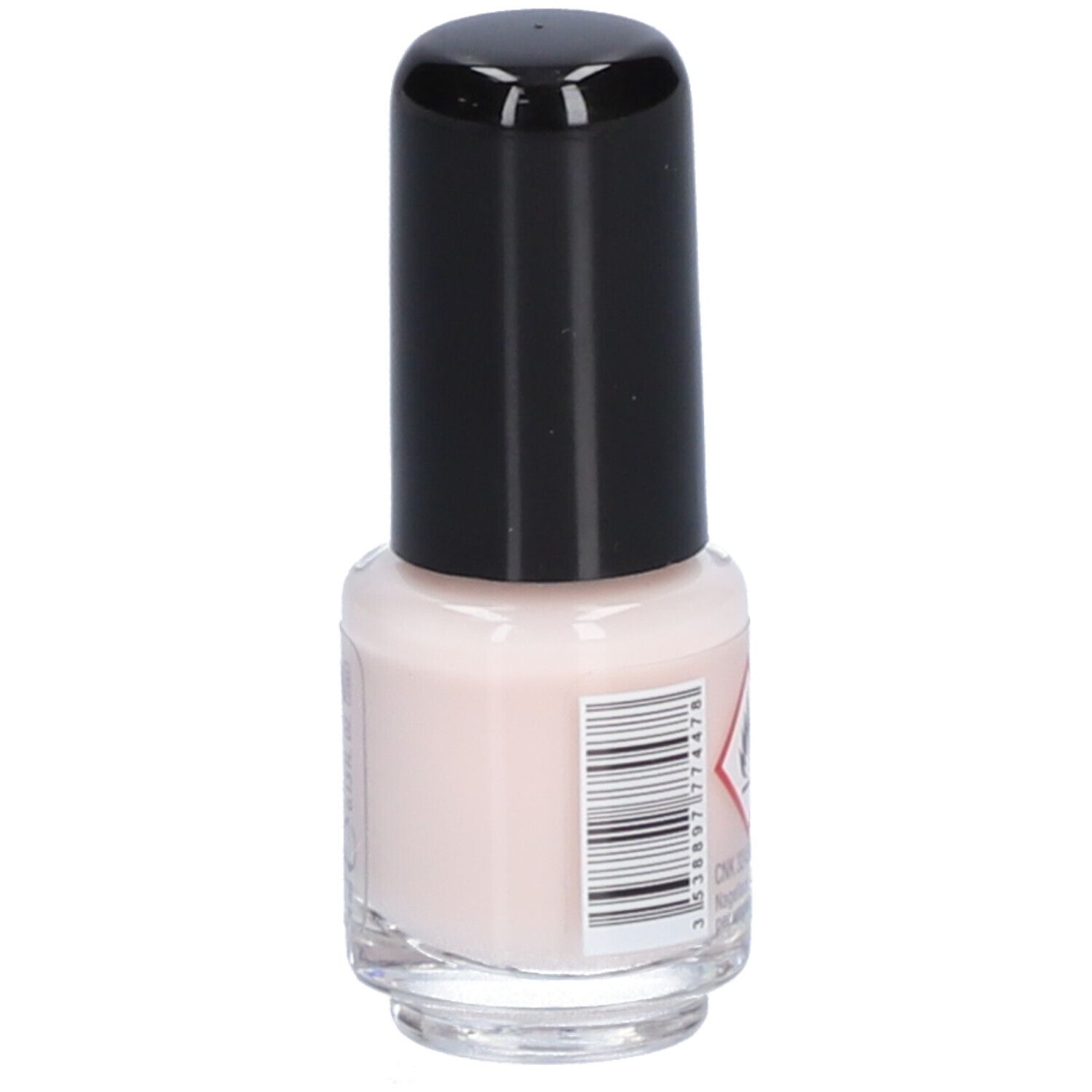 Nagellakflesje met zwarte dop. Waarschuwing: Ontvlambaar. Streepjescode. Opschrift: Vitry, Chamallow.