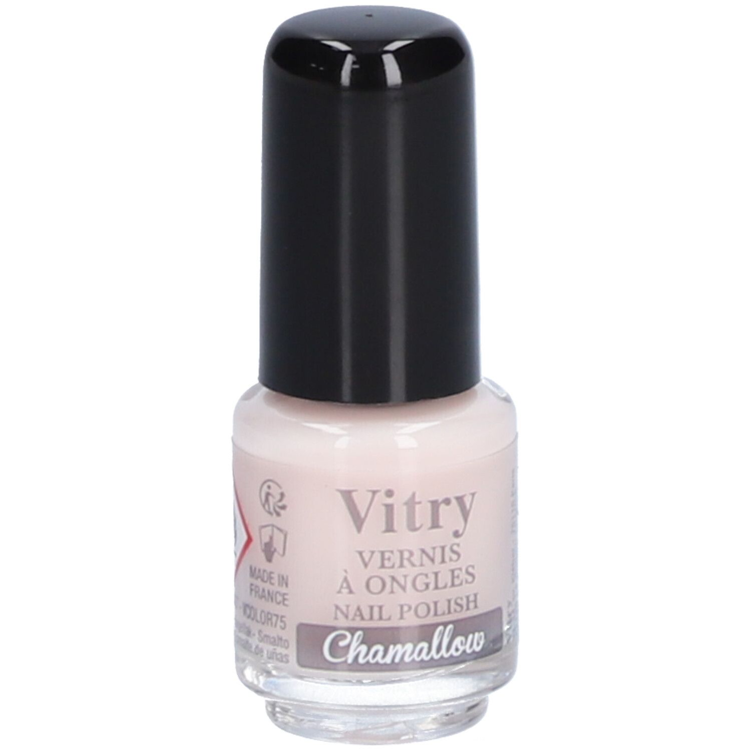 Nagellakflesje met zwarte dop. Opschrift: Vitry, Vernis à Ongles, Nail Polish, Chamallow, Made in France.