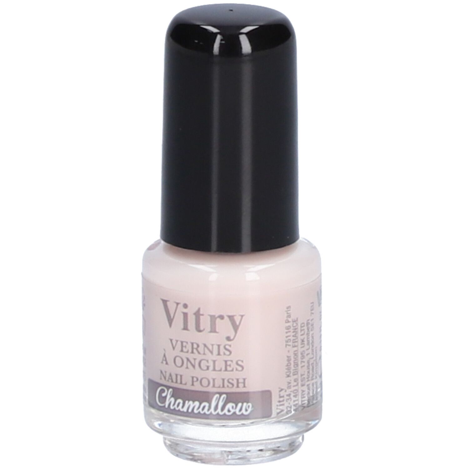Nagellakflesje met zwarte dop. Opschrift: Vitry, Vernis à Ongles, Nail Polish, Chamallow, Adres.