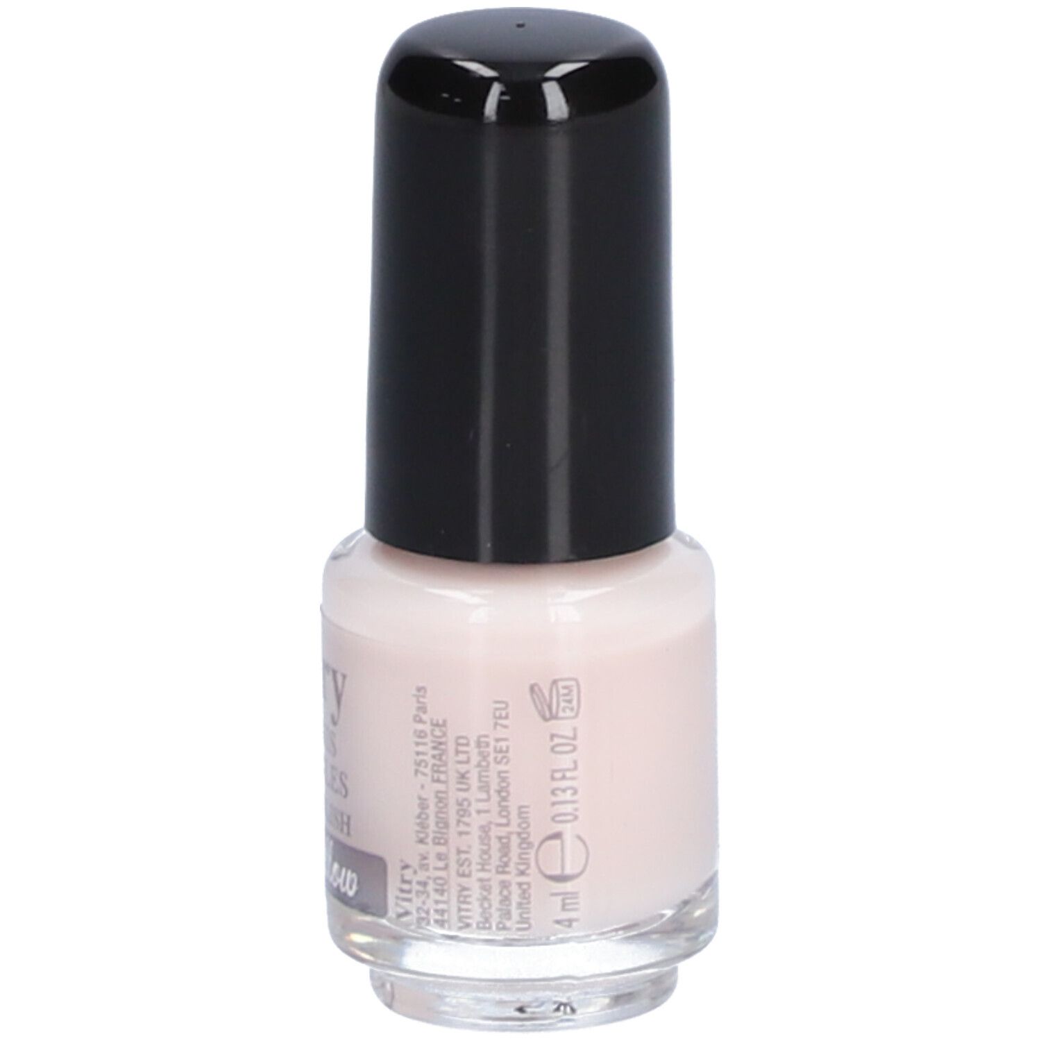Nagellakflesje met zwarte dop. Opschrift: Vitry, Vernis à Ongles, Nail Polish, Chamallow, 4 ml, 0.13 fl. oz.