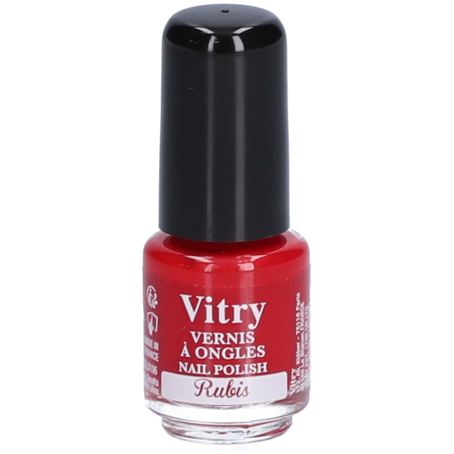 Flacon de vernis à ongles rouge avec bouchon noir. Inscription : Vitry, Vernis à Ongles, Nail Polish, Rubis.