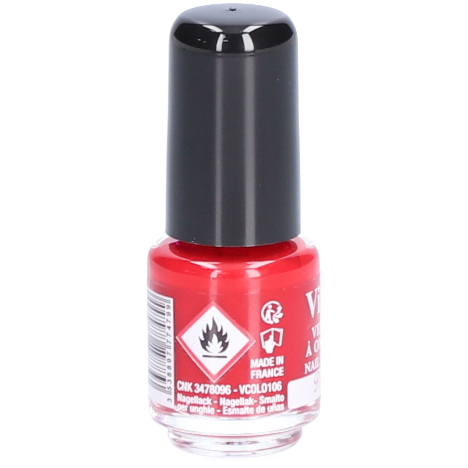 Flacon de vernis à ongles rouge avec bouchon noir. Inscription : Vitry, Vernis à Ongles, Nail Polish. Symbole de danger.