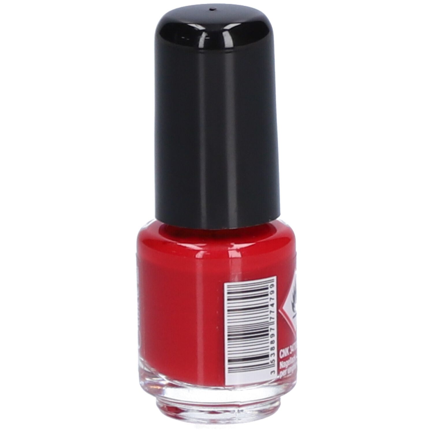 Flacon de vernis à ongles rouge avec bouchon noir. Code-barres et symbole de danger. Inscription : Vitry, Vernis à Ongles, Nail Polish.
