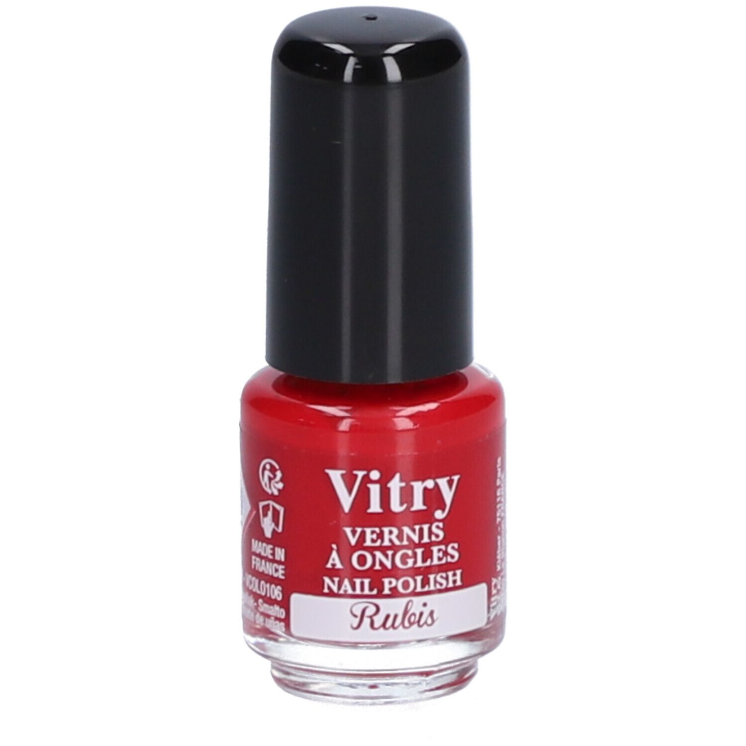 Flacon de vernis à ongles rouge avec bouchon noir. Inscription : Vitry, Vernis à Ongles, Nail Polish, Rubis.