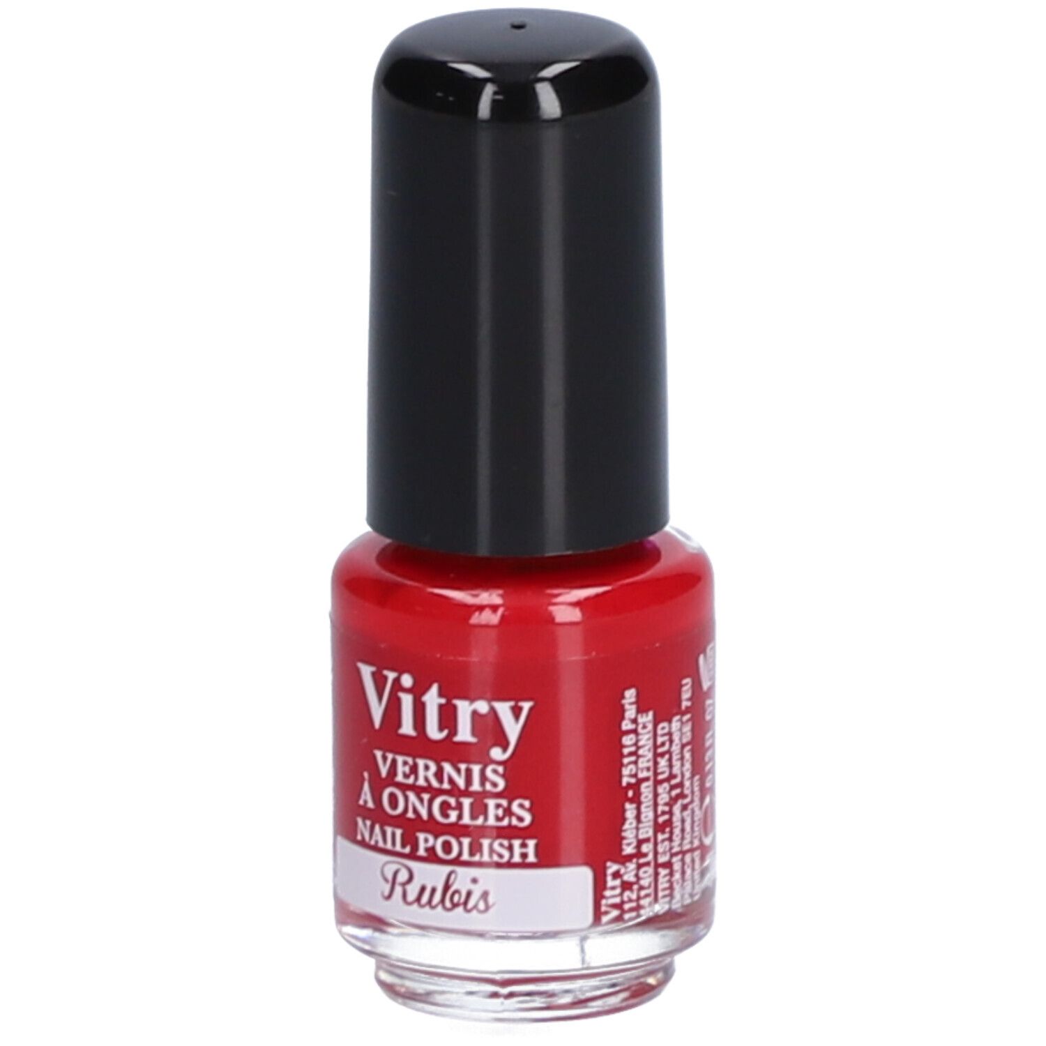 Flacon de vernis à ongles rouge avec bouchon noir. Inscription : Vitry, Vernis à Ongles, Nail Polish, Rubis. Adresse du fabricant.