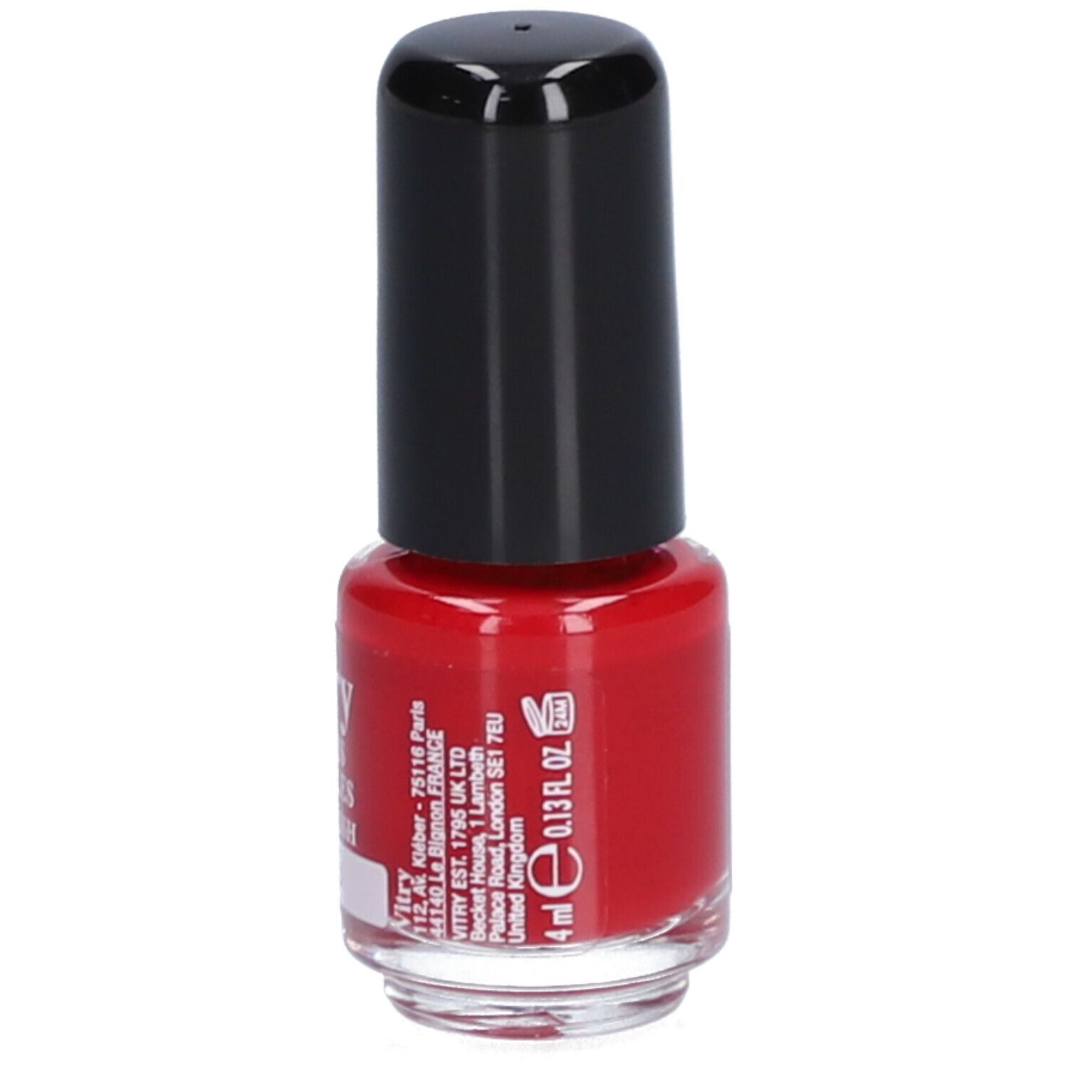 Flacon de vernis à ongles rouge avec bouchon noir. Inscription : Vitry, Vernis à Ongles, Nail Polish. Volume : 4 ml.