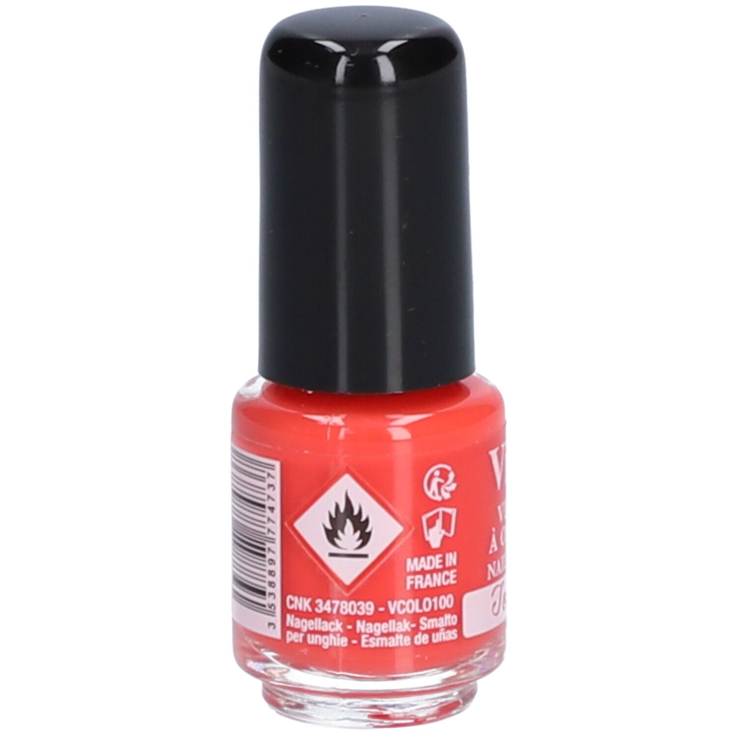 Flacon de vernis à ongles rouge avec bouchon noir. Au dos : symboles d'avertissement, code-barres et texte.