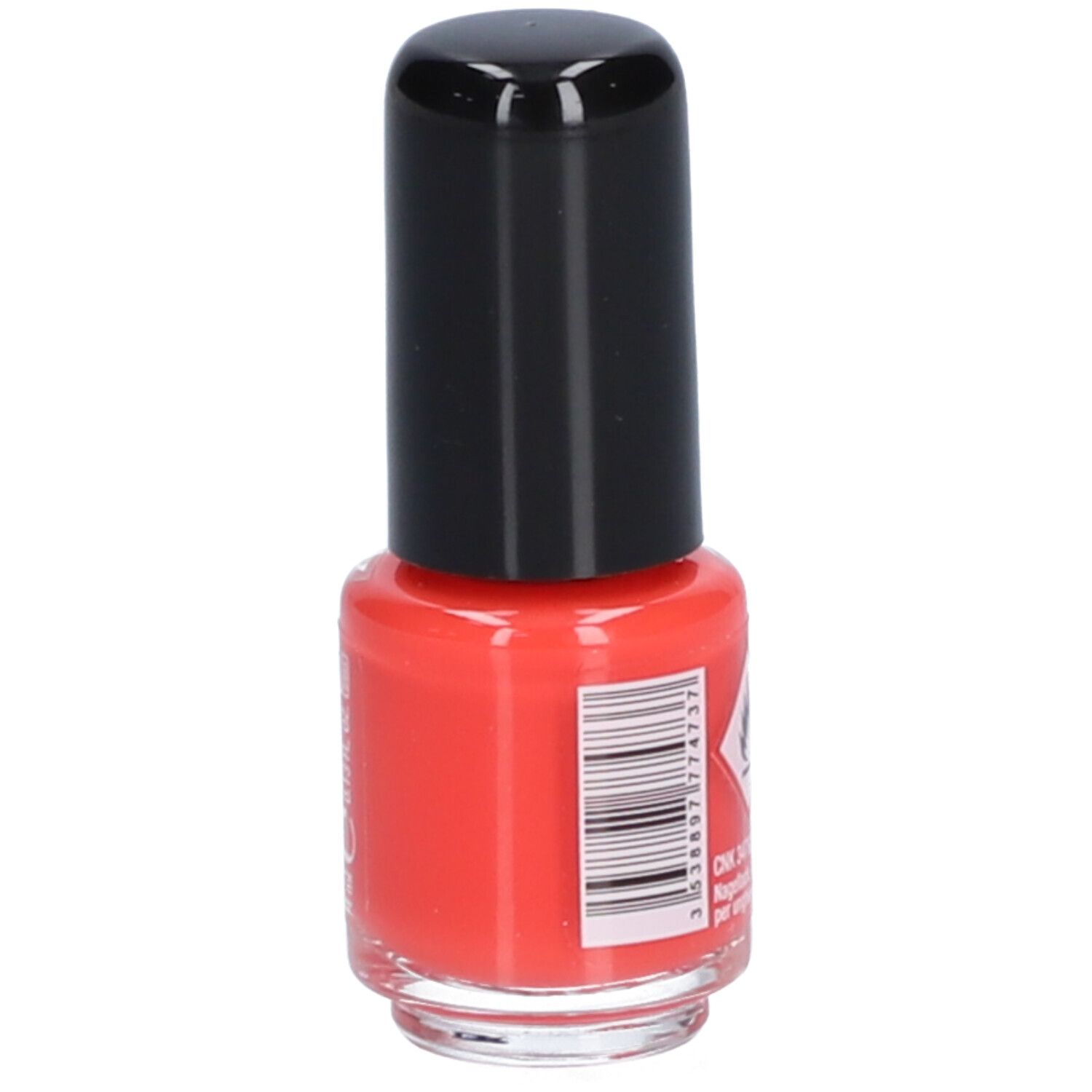 Flacon de vernis à ongles rouge avec bouchon noir. Au dos : code-barres et symboles d'avertissement.