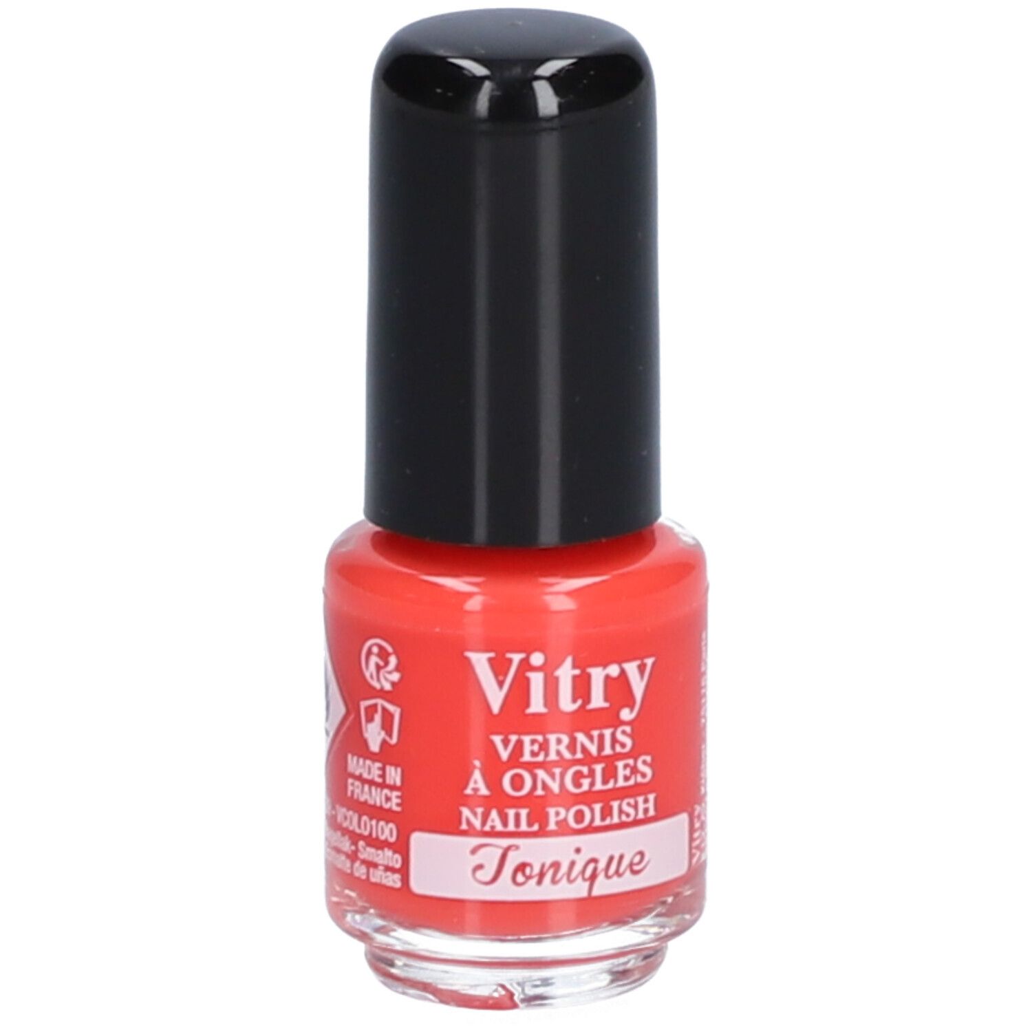 Flacon de vernis à ongles rouge avec bouchon noir. Inscription : Vitry, Vernis à Ongles, Nail Polish, Tonique.