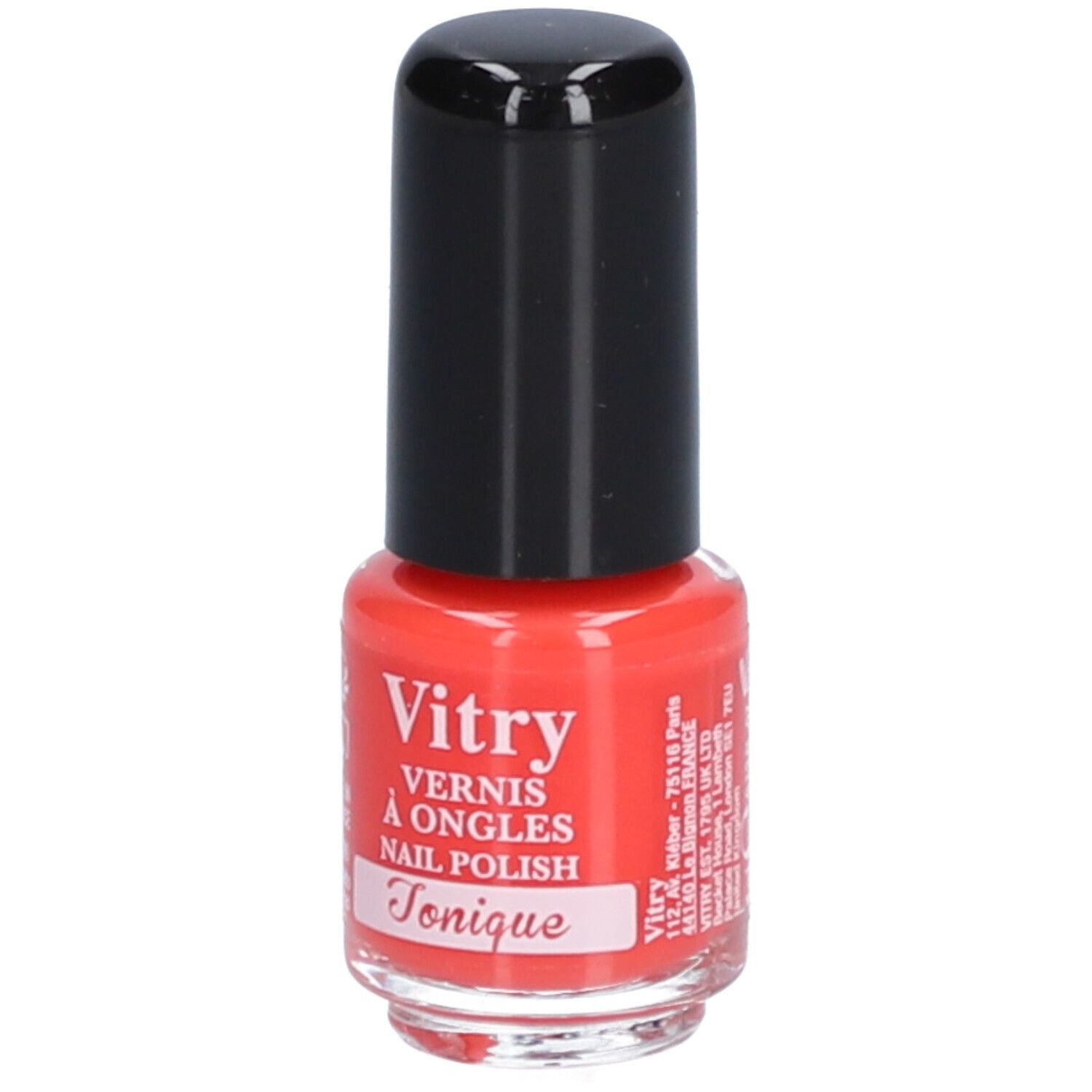 Flacon de vernis à ongles rouge avec bouchon noir. Inscription : Vitry, Vernis à Ongles, Nail Polish, Tonique.