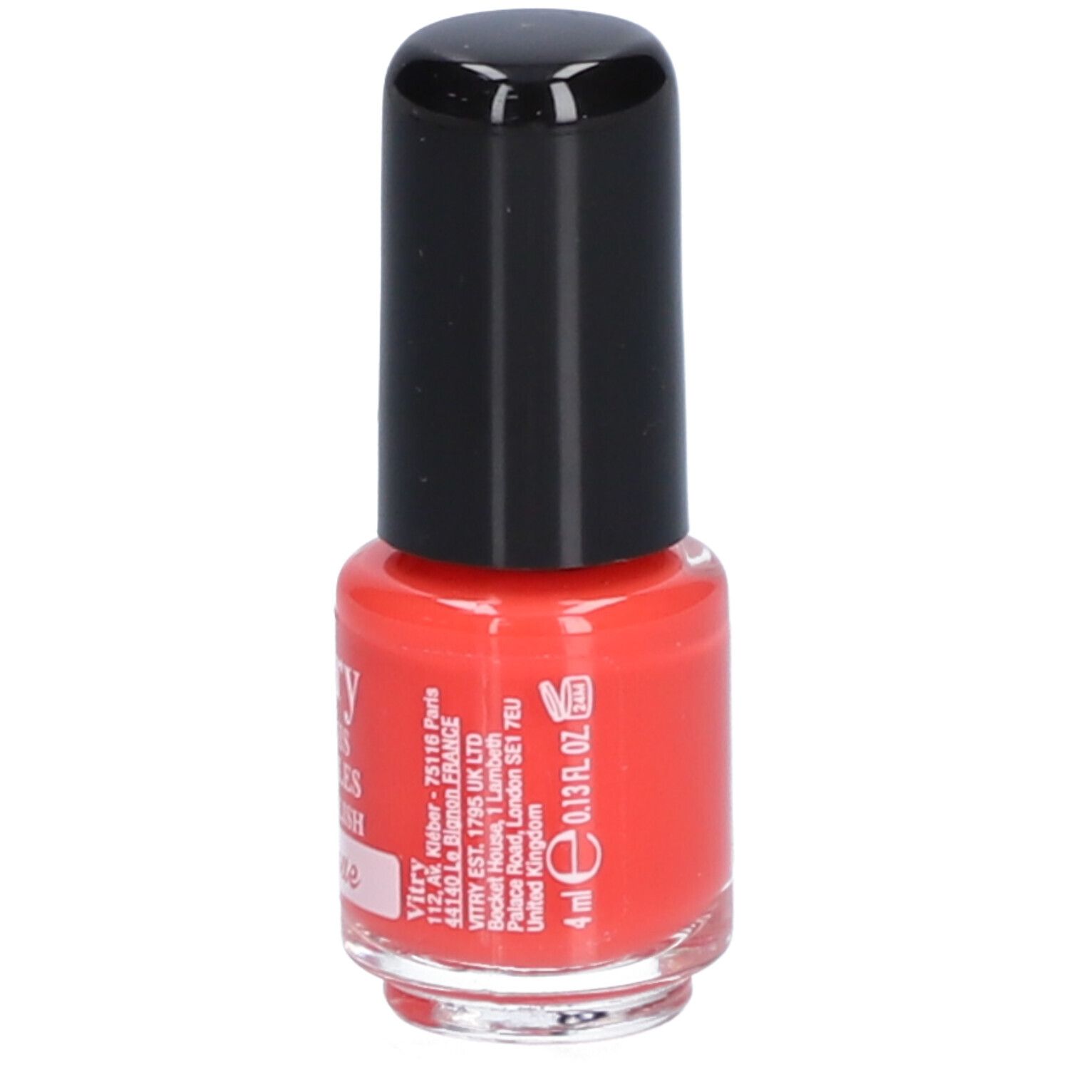 Flacon de vernis à ongles rouge avec bouchon noir. Inscription : Vitry, 4 ml, 0.13 fl. oz.