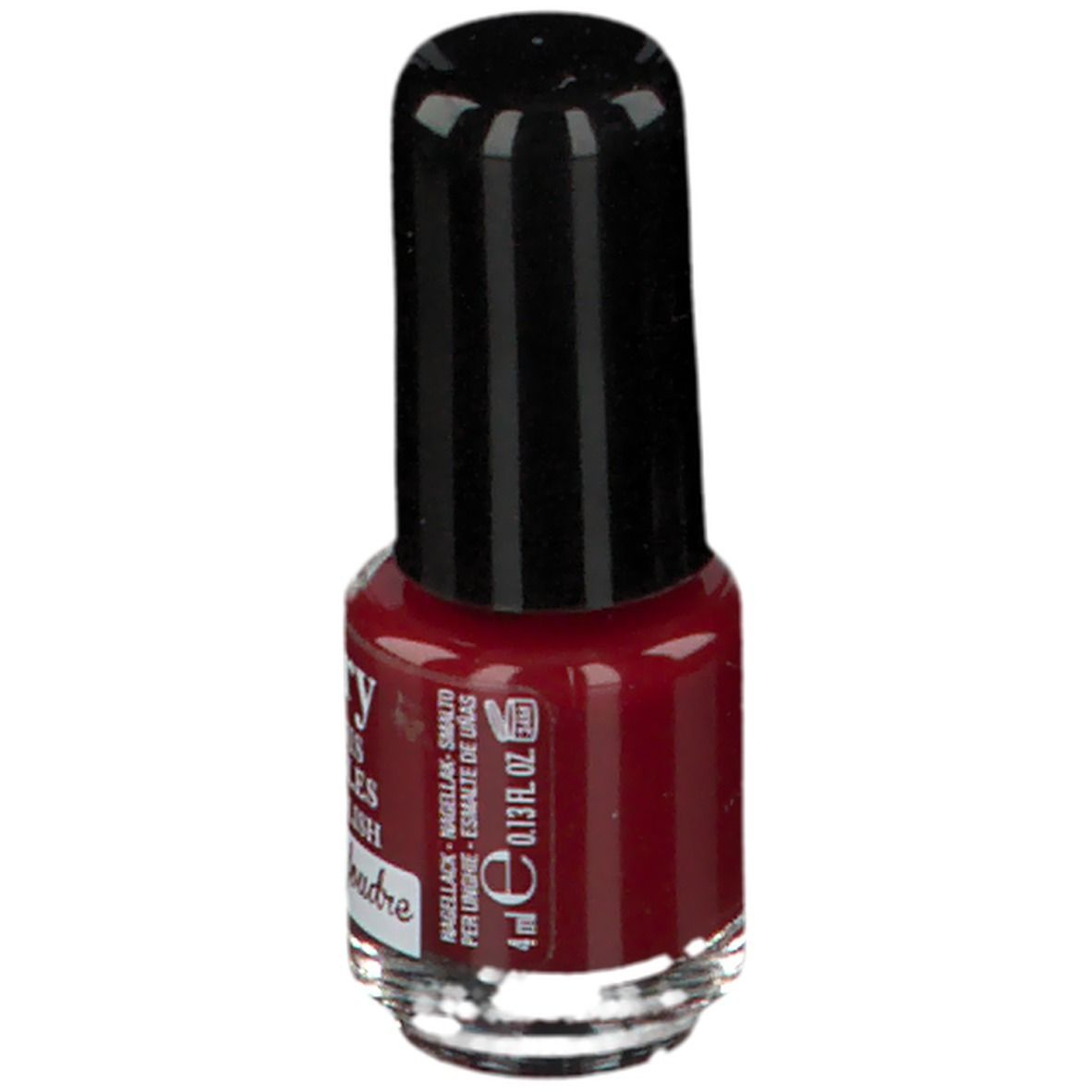 Nagellackflasche, rot, mit schwarzem Deckel. Aufschrift: Vitry, Vernis à Ongles, Nail Polish, Coup de foudre. 4 ml.