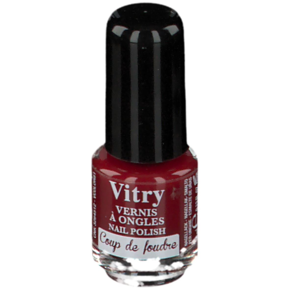 Nagellackflasche, rot, mit schwarzem Deckel. Aufschrift: Vitry, Vernis à Ongles, Nail Polish, Coup de foudre.