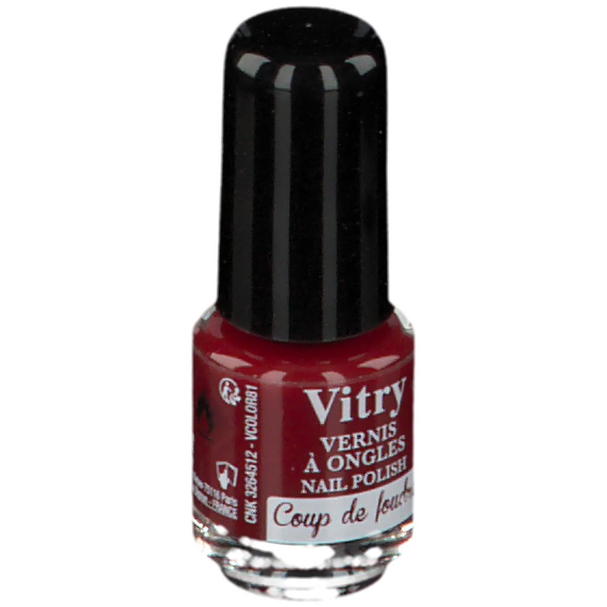 Nagellackflasche, rot, mit schwarzem Deckel. Aufschrift: Vitry, Vernis à Ongles, Nail Polish, Coup de foudre. Logo.