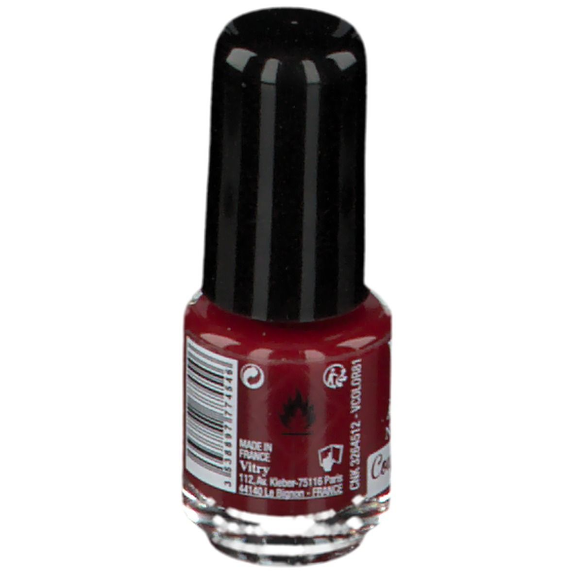 Nagellackflasche, rot, mit schwarzem Deckel. Aufschrift: Vitry, Vernis à Ongles, Nail Polish, Coup de foudre. Barcode, Warnhinweis.
