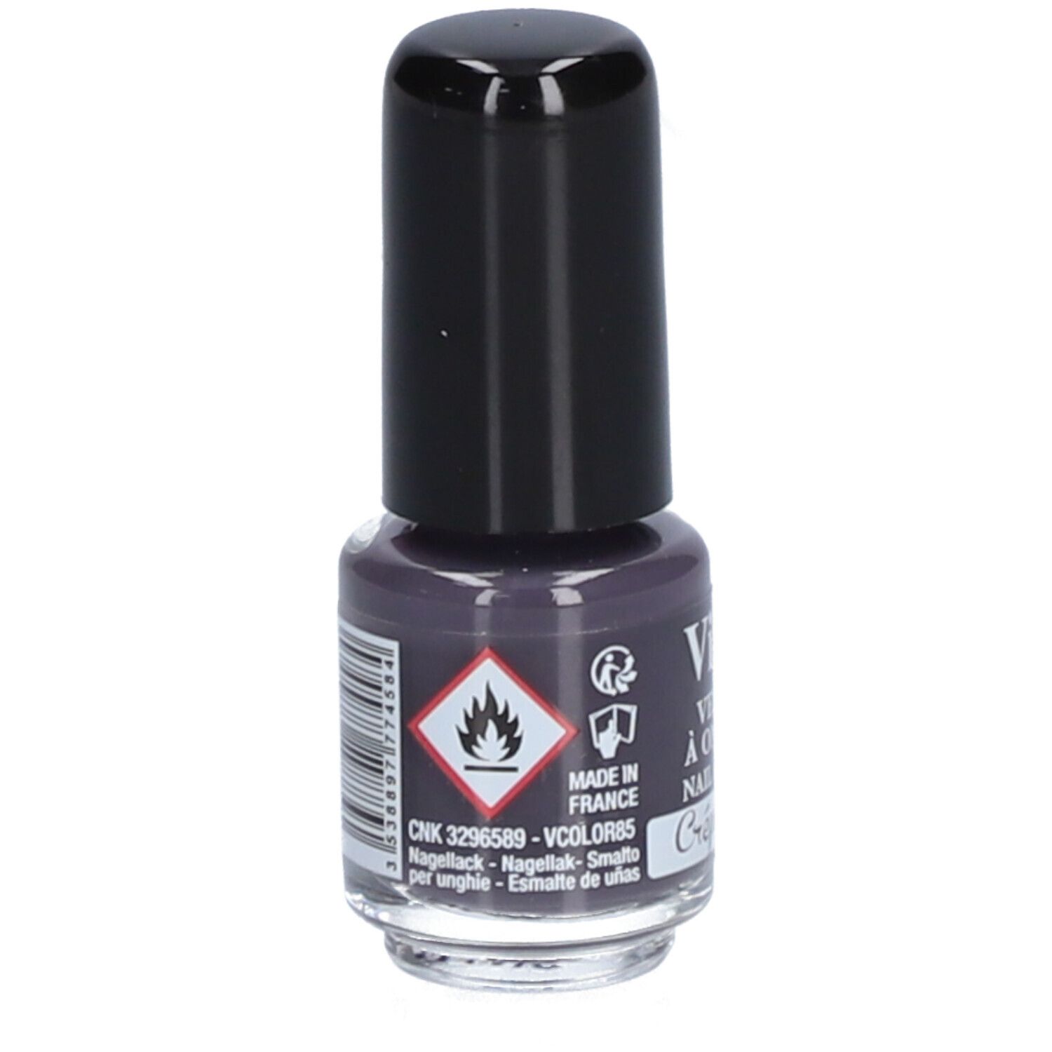 Flacon de vernis à ongles avec bouchon noir. Inscription: Vitry, Vernis à Ongles. Avertissement: inflammable.