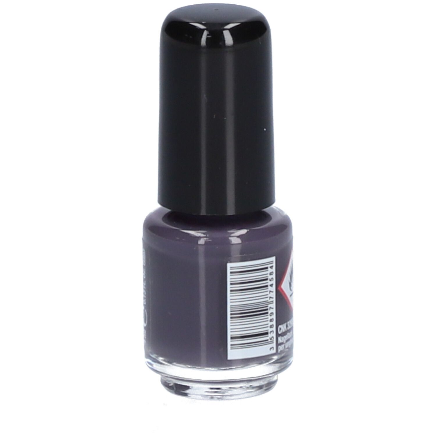 Flacon de vernis à ongles avec bouchon noir. Inscription: Vitry, Vernis à Ongles. Code-barres et avertissement.