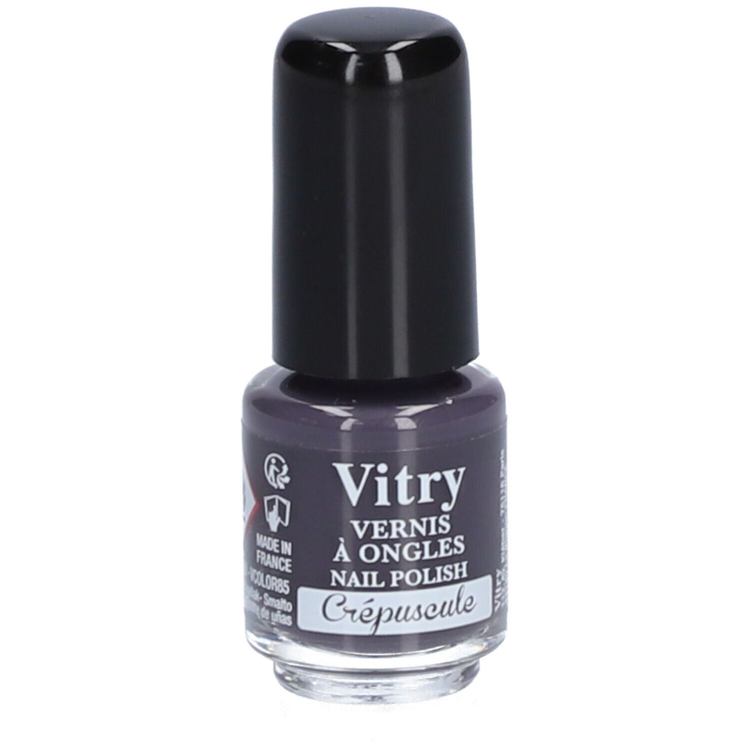 Flacon de vernis à ongles avec bouchon noir. Inscription: Vitry, Vernis à Ongles, Crépuscule. Code-barres.