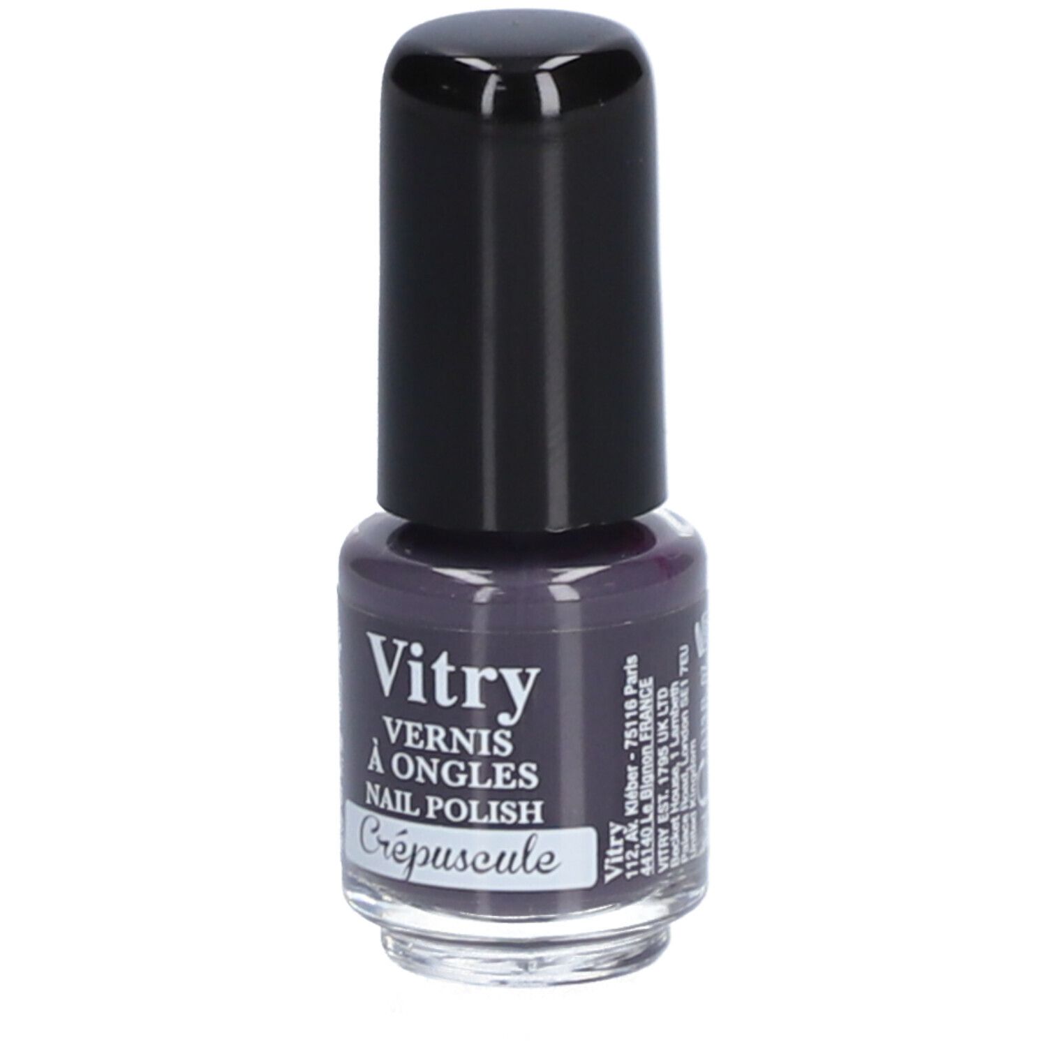 Flacon de vernis à ongles avec bouchon noir. Inscription: Vitry, Vernis à Ongles, Crépuscule. Adresse du fabricant.