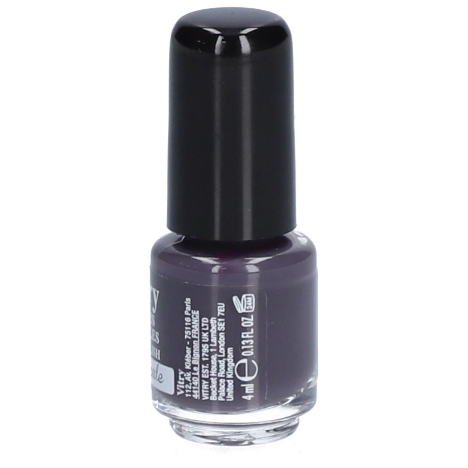 Flacon de vernis à ongles avec bouchon noir. Inscription: Vitry, Vernis à Ongles, Crépuscule. Volume: 4 ml.