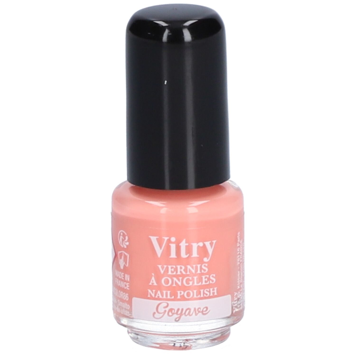 Flacon de vernis à ongles Vitry Goyave, bouchon noir. Inscription: Vernis à Ongles, Nail Polish. Teinte rose.