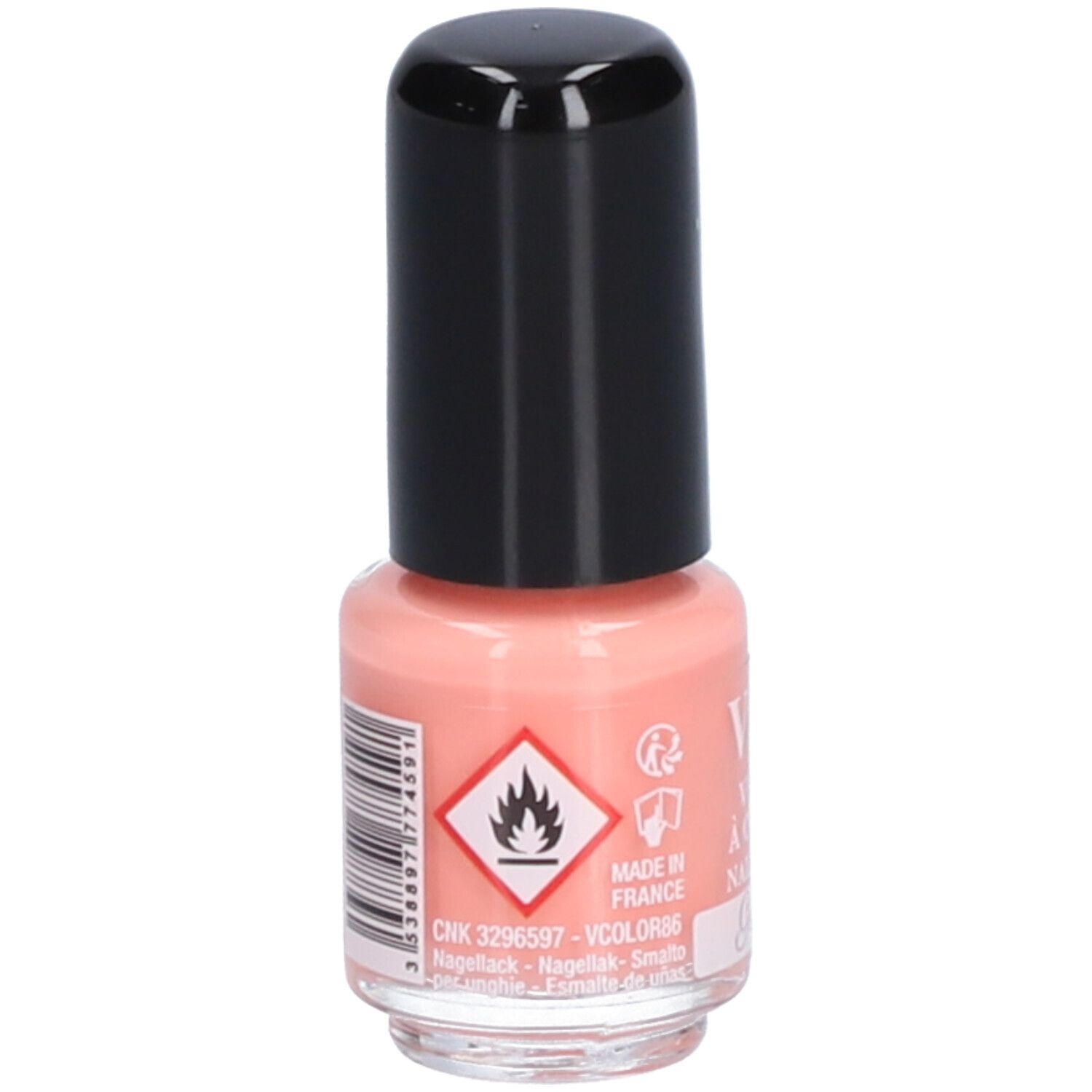 Flacon de vernis à ongles Vitry, bouchon noir. Mention: Inflammable. Teinte rose. Code-barres.