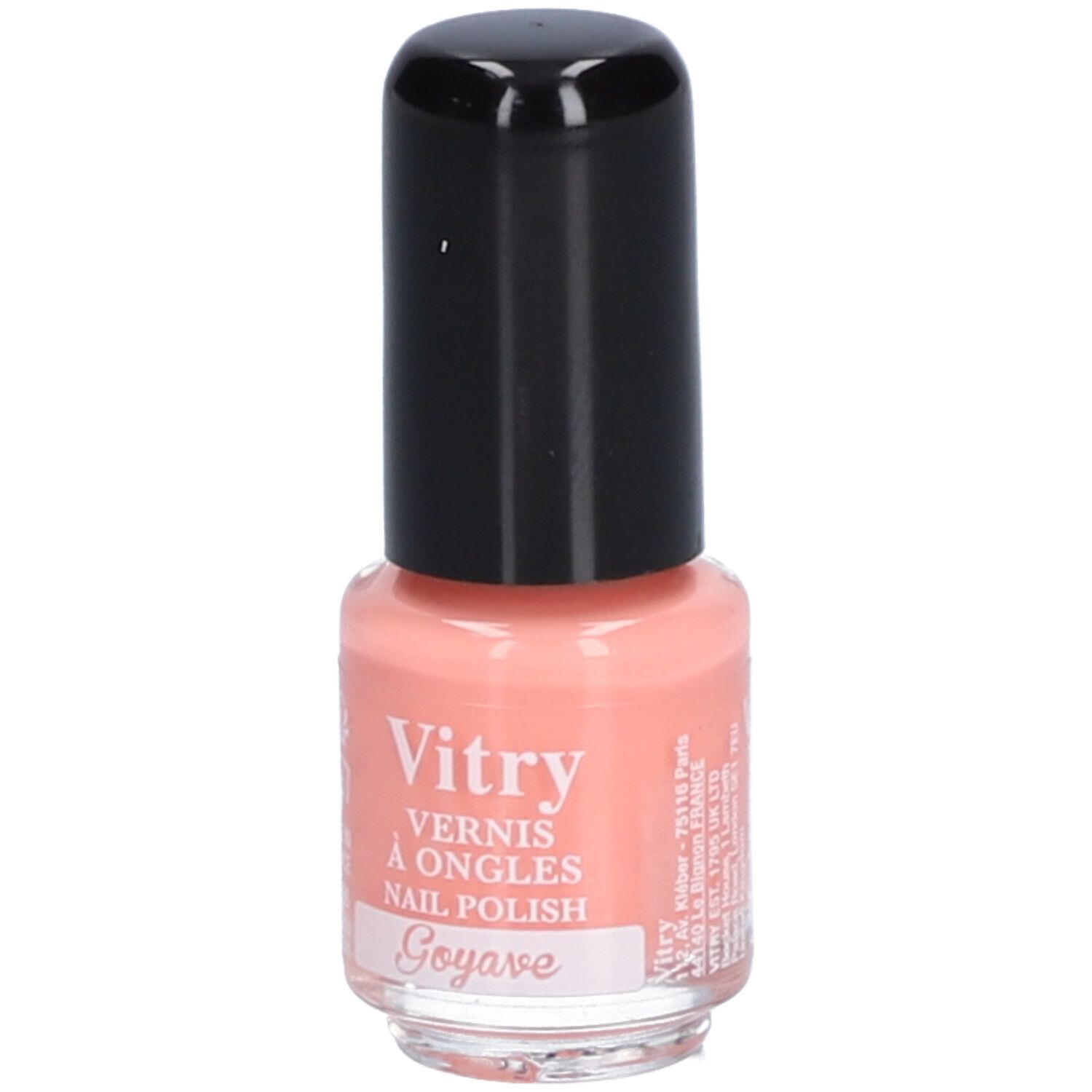 Flacon de vernis à ongles Vitry, bouchon noir. Inscription: Vernis à Ongles, Nail Polish, Goyave. Teinte rose.