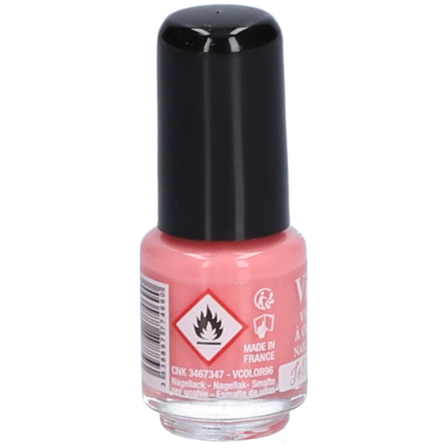Dos du flacon de vernis à ongles. Contenu rose, bouchon noir. Inscriptions: Avertissement, code-barres, Made in France, VCOLOR96.