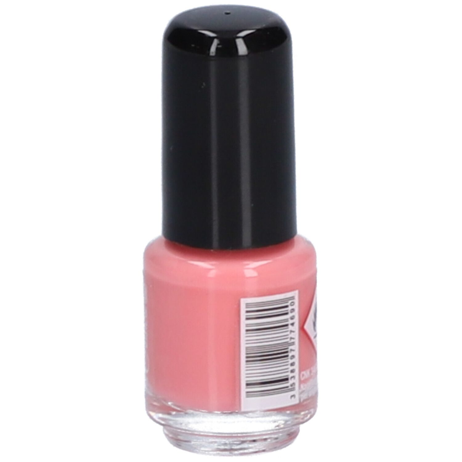 Dos du flacon de vernis à ongles. Contenu rose, bouchon noir. Code-barres et autres informations.