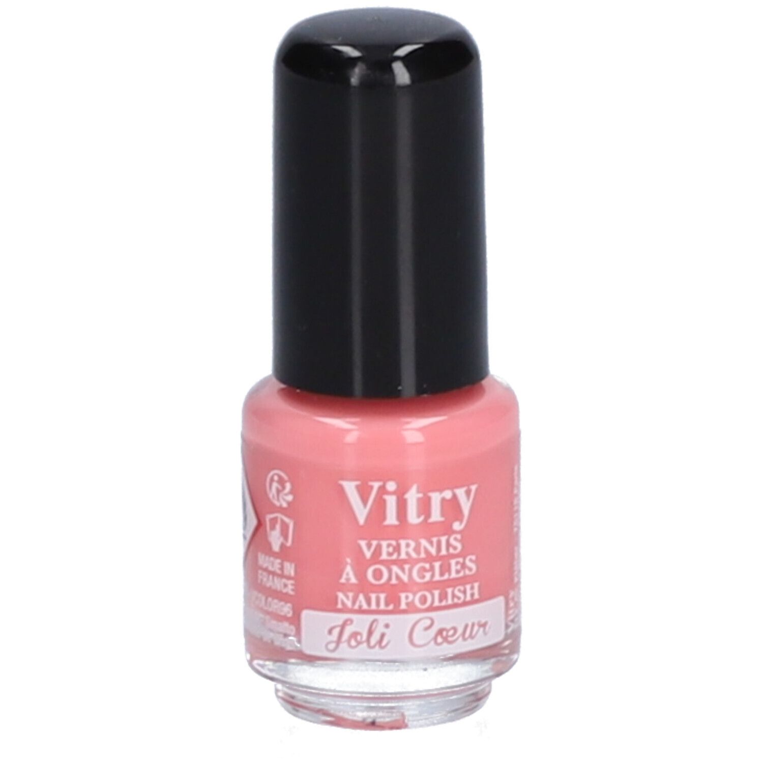Flacon de vernis à ongles rose avec bouchon noir. Inscription: Vitry, Vernis à Ongles, Nail Polish, Joli Coeur.