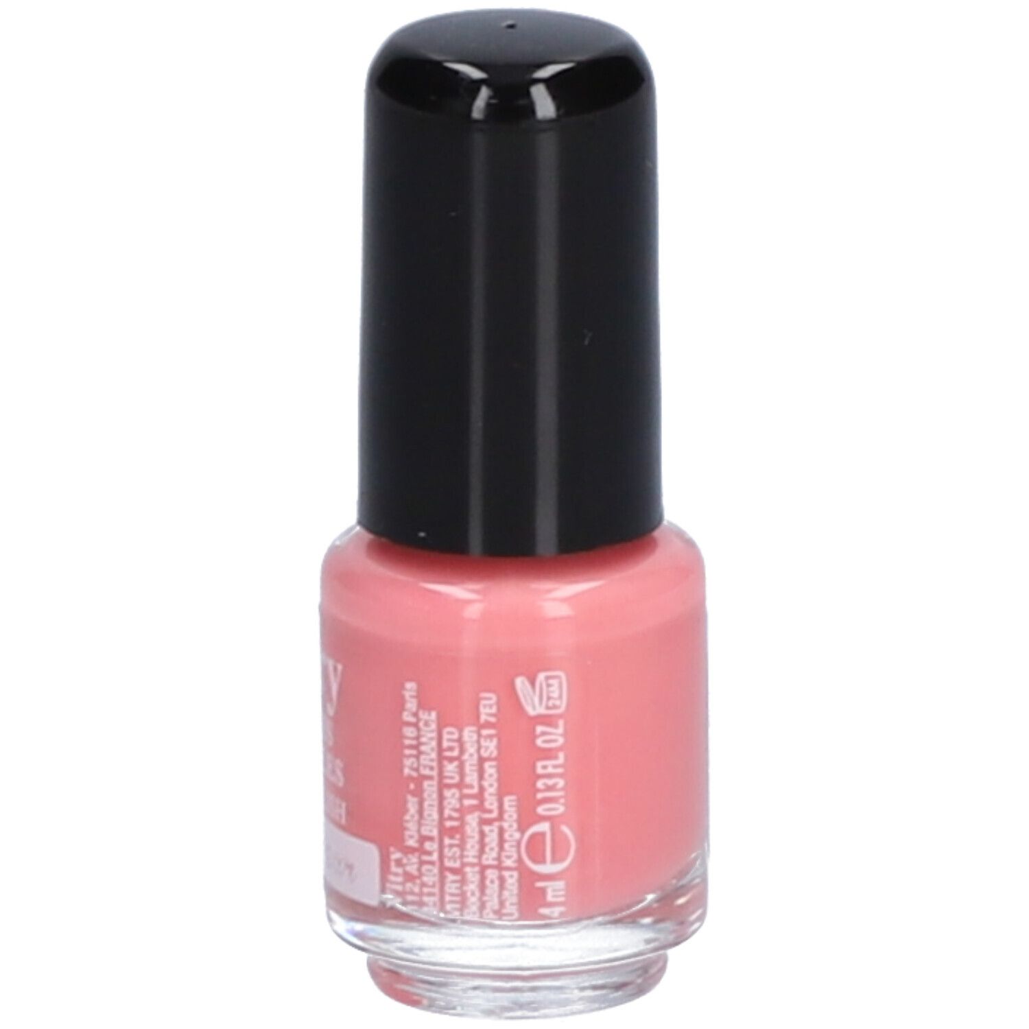 Flacon de vernis à ongles rose avec bouchon noir. Inscription: Vitry, 4ml, 0.13 fl. oz.