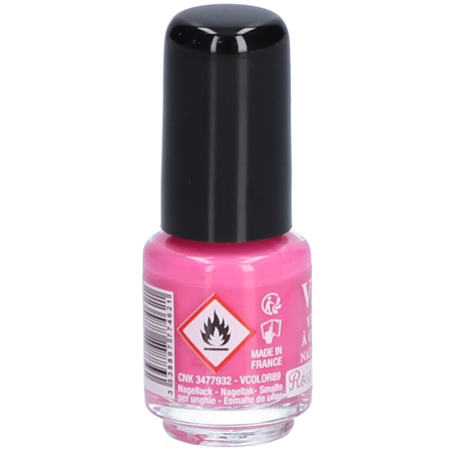 Rosa Nagellackflasche mit schwarzem Deckel. Warnhinweis: Entzündlich. Aufschrift: Vitry, Nagellack, Rose d'Amour.
