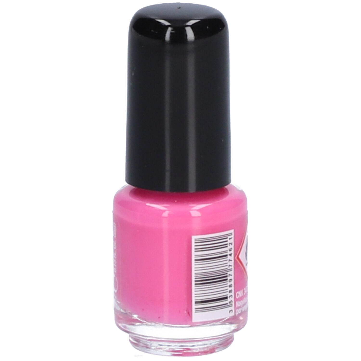 Rosa Nagellackflasche mit schwarzem Deckel. Barcode und Warnhinweis. Aufschrift: Vitry, Nagellack, Rose d'Amour.