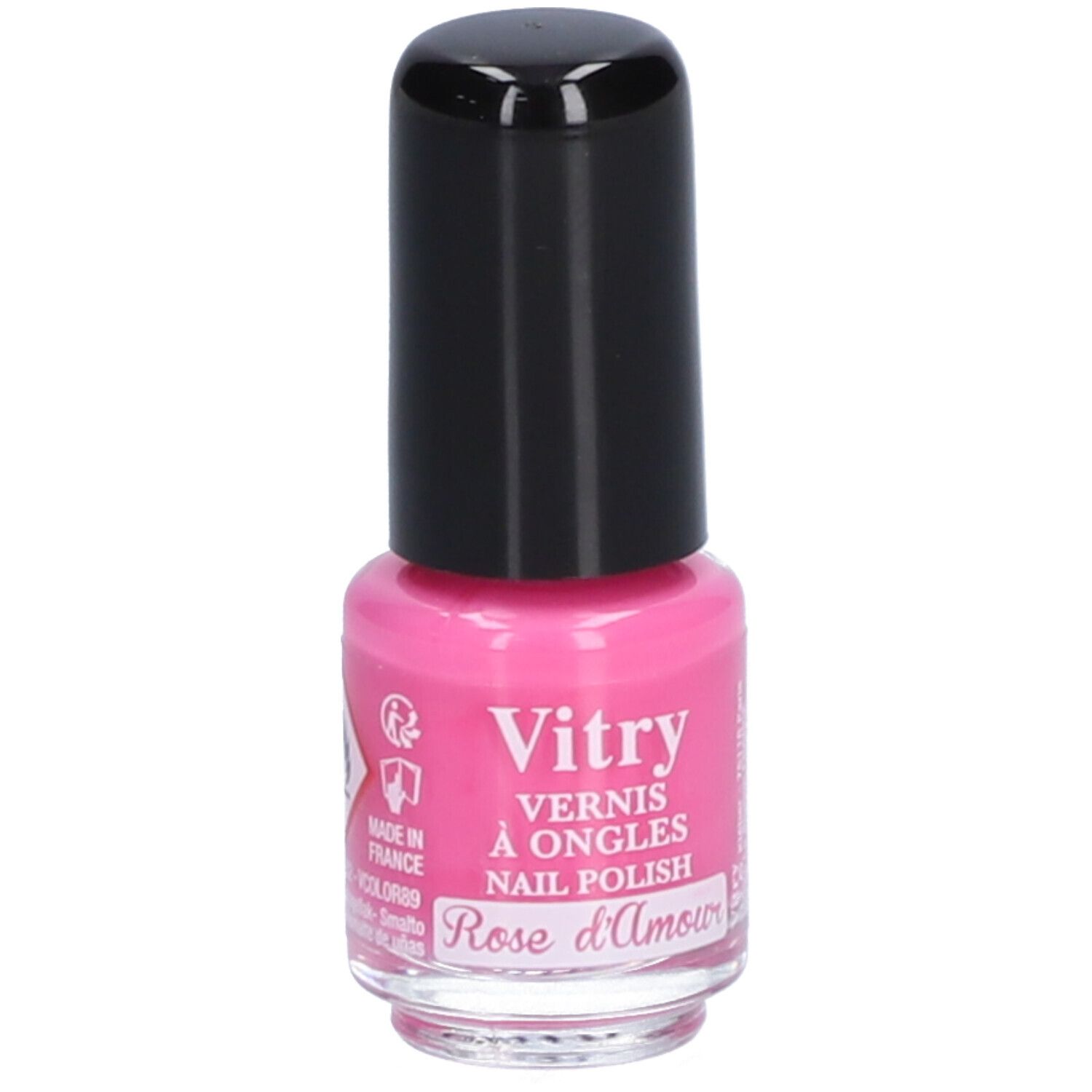 Rosa Nagellackflasche mit schwarzem Deckel. Aufschrift: Vitry, Vernis à Ongles, Nail Polish, Rose d'Amour. Hergestellt in Frankreich.