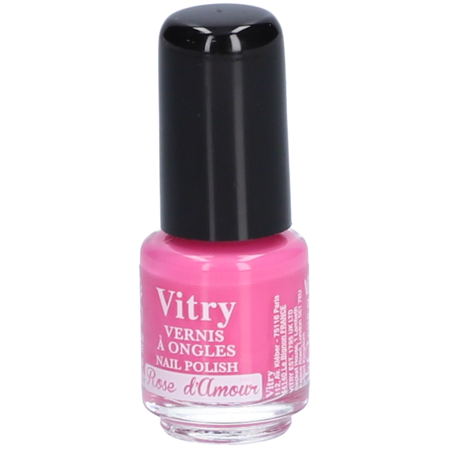 Rosa Nagellackflasche mit schwarzem Deckel. Aufschrift: Vitry, Vernis à Ongles, Nail Polish, Rose d'Amour. Adresse.