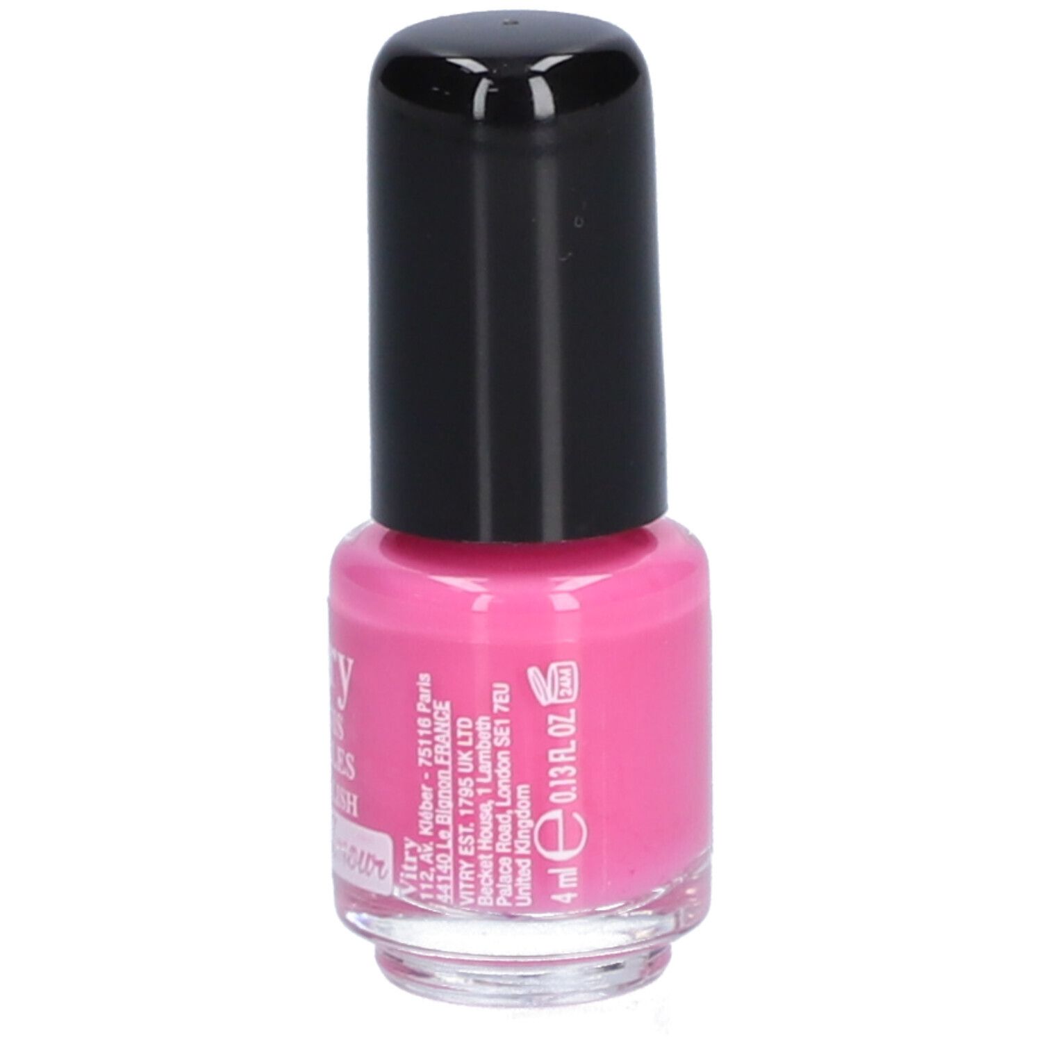 Rosa Nagellackflasche mit schwarzem Deckel. Aufschrift: 4 ml, 0.13 fl. oz. Adresse. Aufschrift: Rose d'Amour.