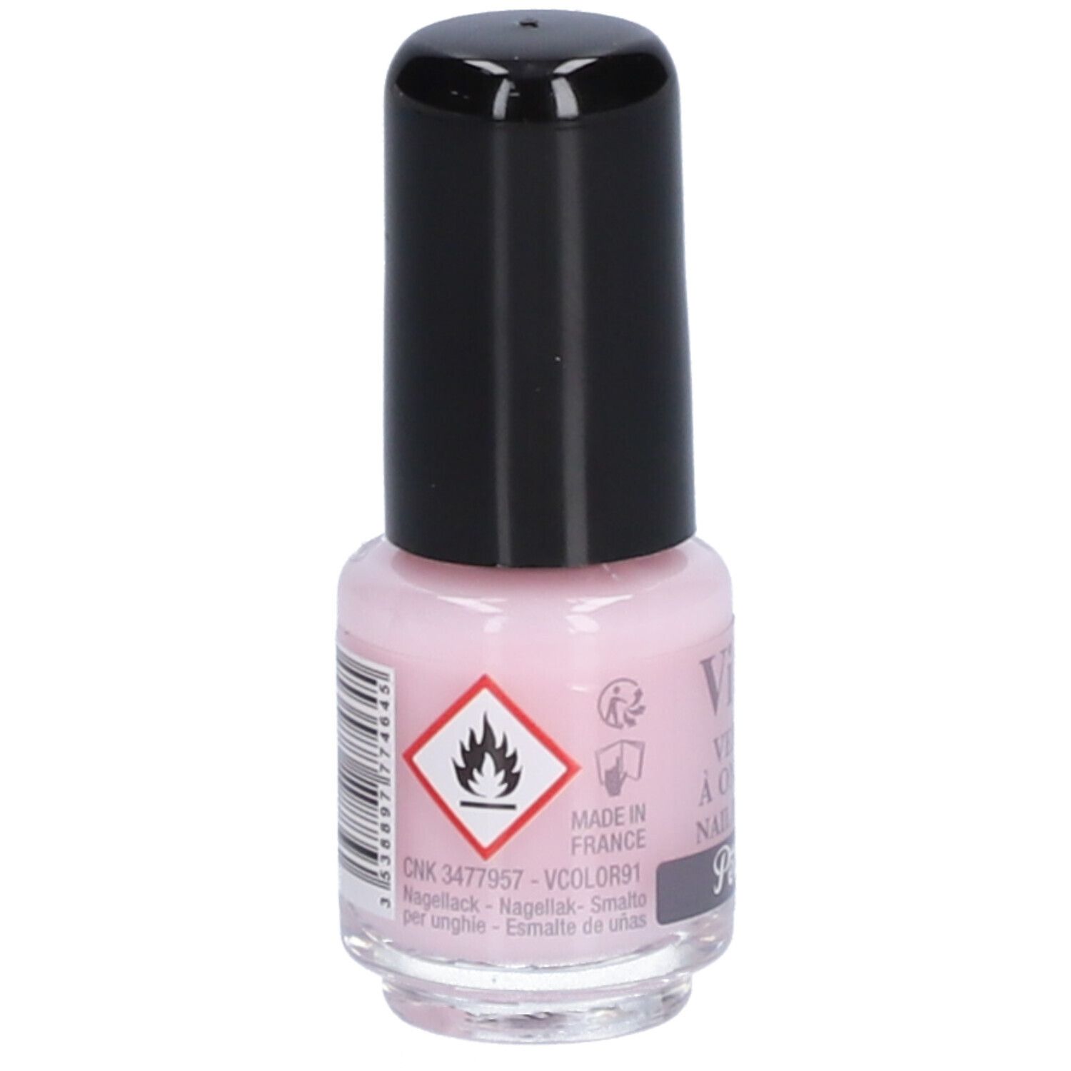 Flacon de vernis à ongles rose avec bouchon noir. Inscription : Vitry, Vernis à Ongles, Nail Polish, Pétale. Avertissement.
