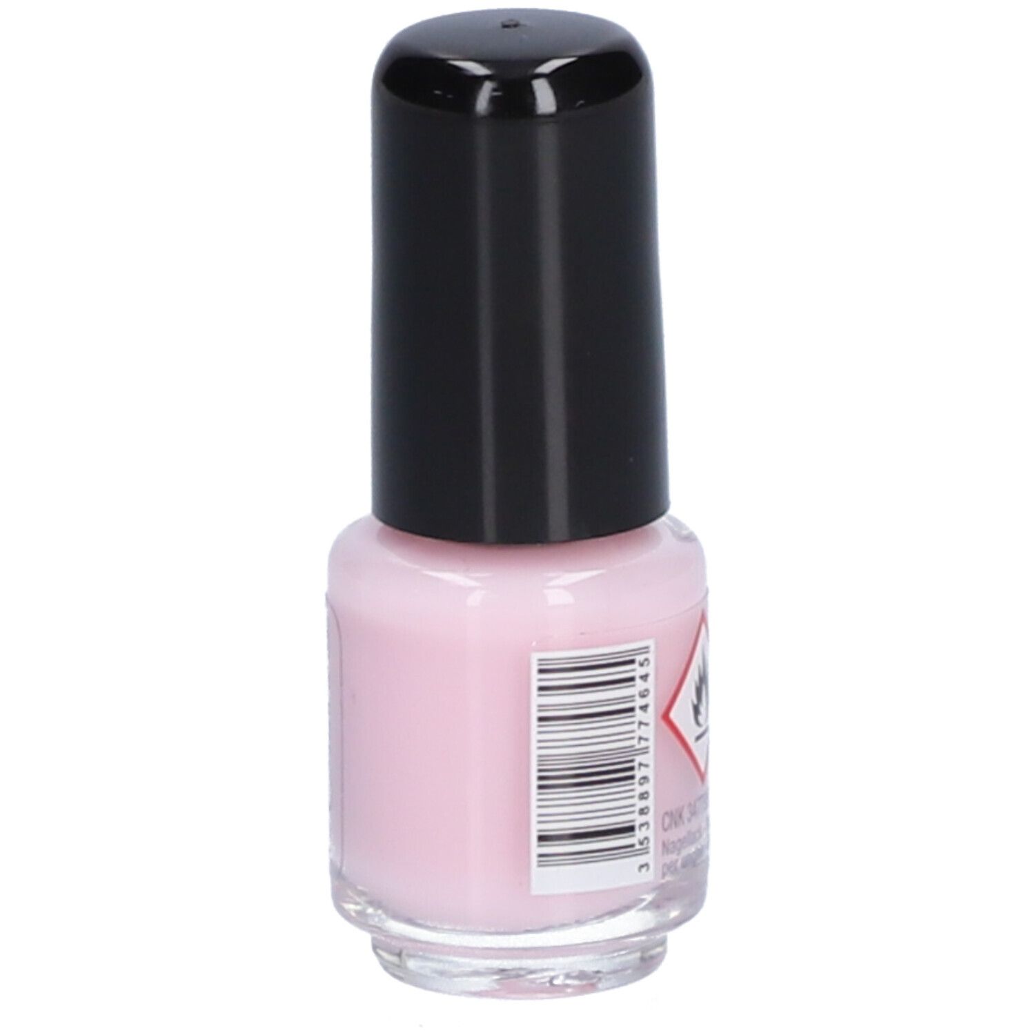 Flacon de vernis à ongles rose avec bouchon noir. Inscription : Vitry, Vernis à Ongles, Nail Polish, Pétale. Avertissement.