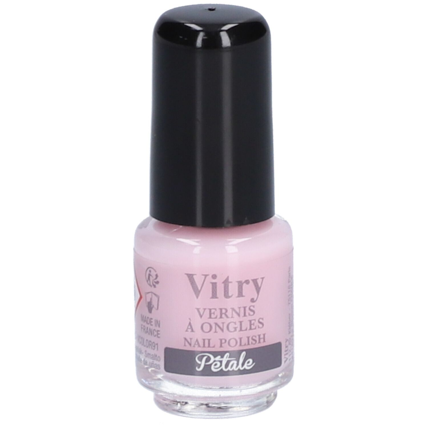 Flacon de vernis à ongles rose avec bouchon noir. Inscription : Vitry, Vernis à Ongles, Nail Polish, Pétale.