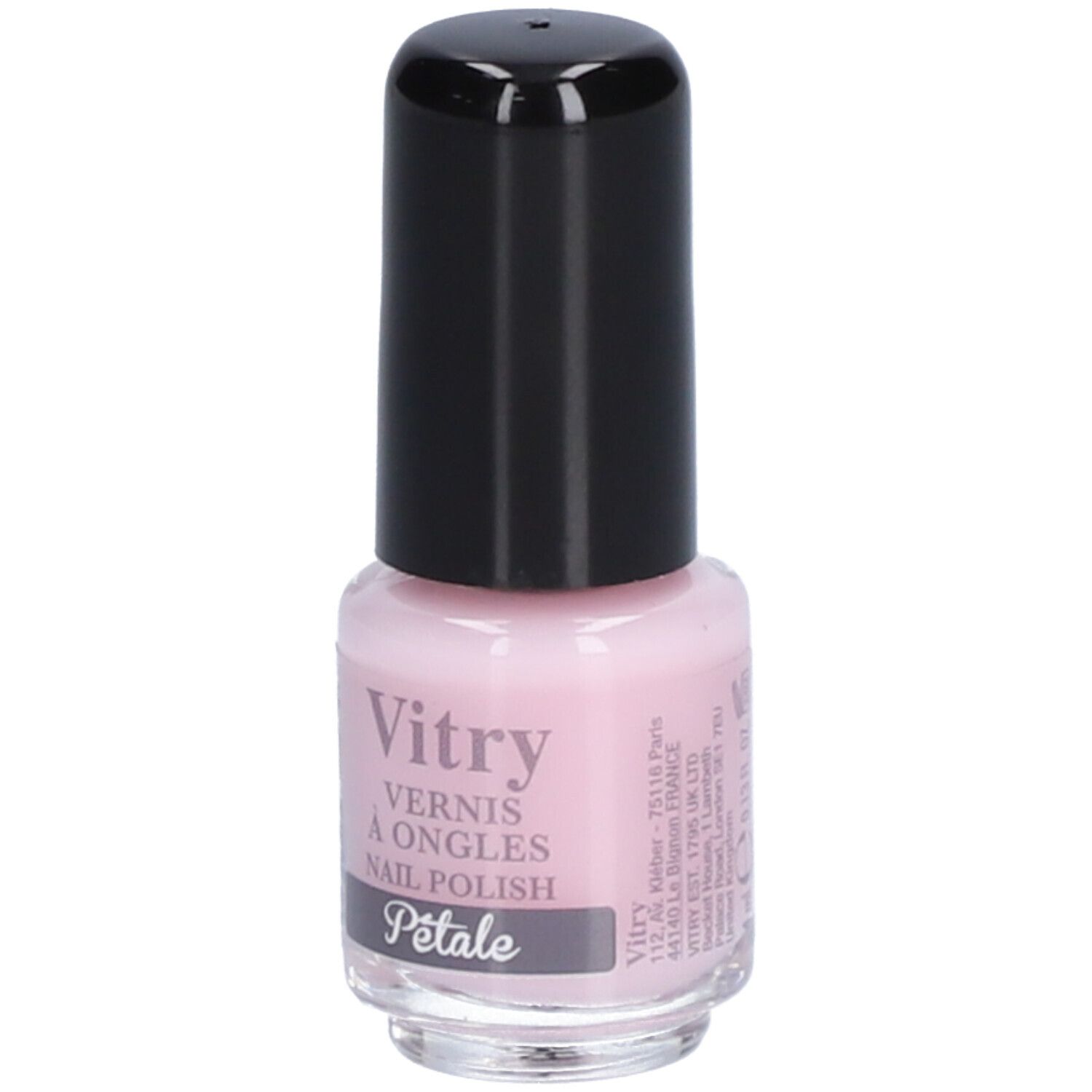 Flacon de vernis à ongles rose avec bouchon noir. Inscription : Vitry, Vernis à Ongles, Nail Polish, Pétale.