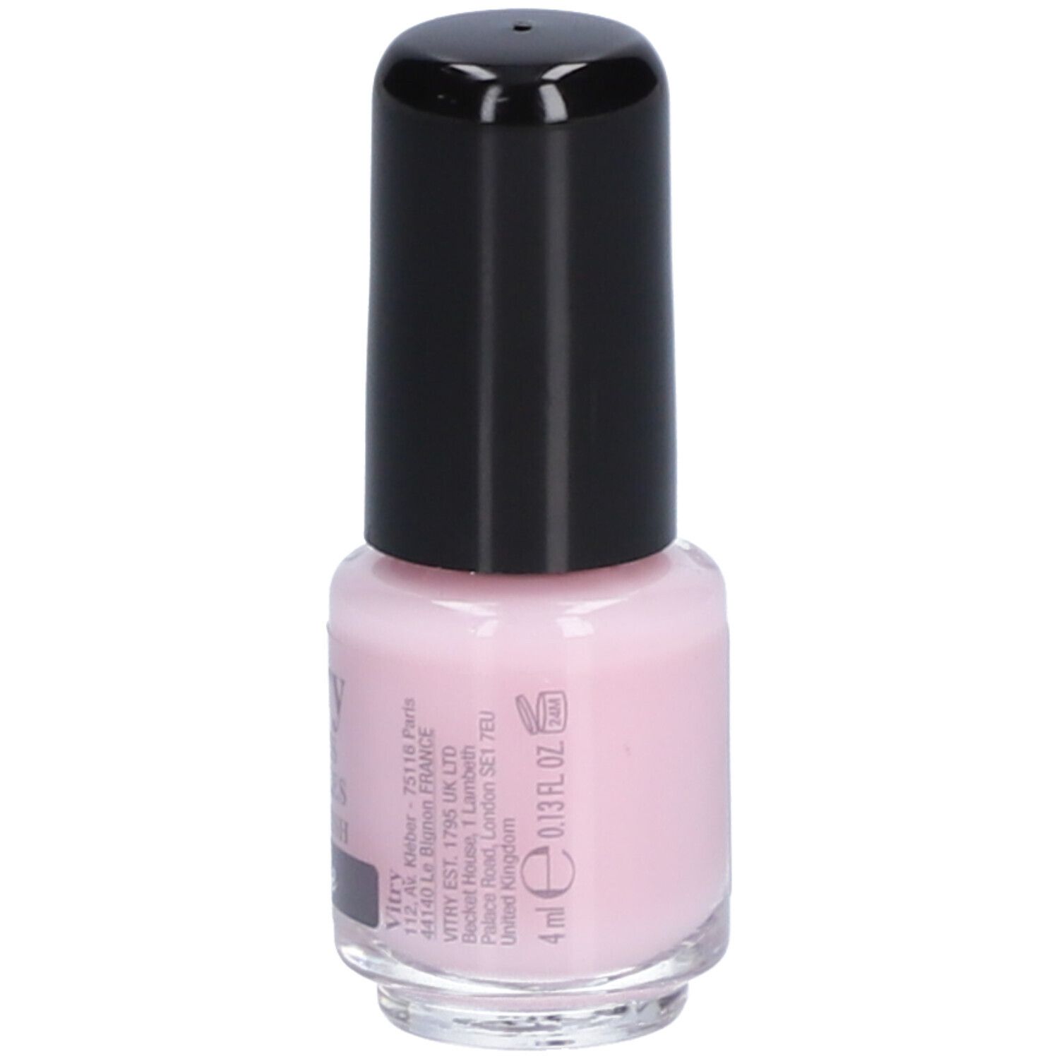 Flacon de vernis à ongles rose avec bouchon noir. Inscription : Vitry, Vernis à Ongles, Nail Polish, Pétale. Volume : 4 ml.