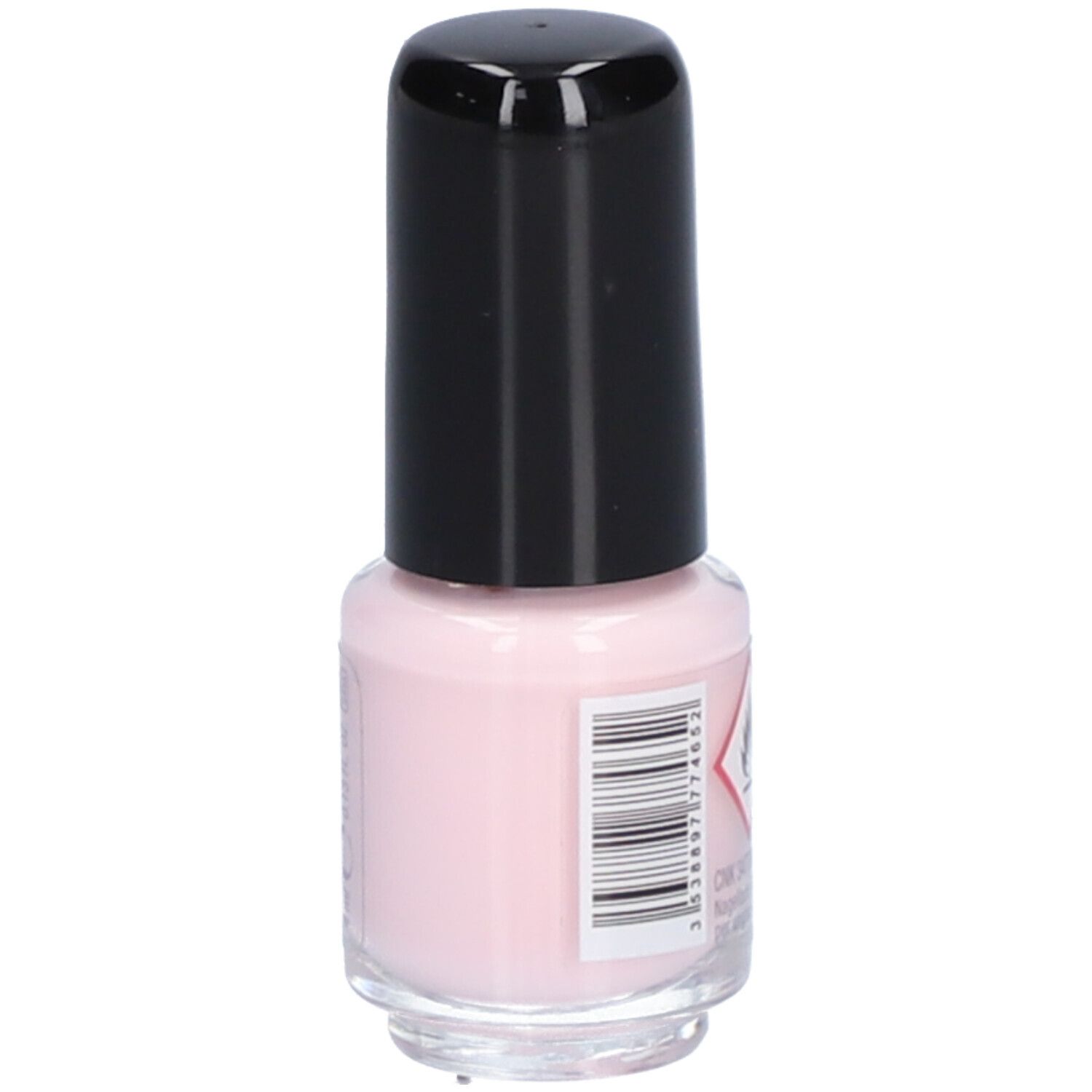 Nagellackflasche mit schwarzem Deckel. Rückseite mit Warnsymbol und Barcode. Aufschrift: Vitry, Eau de Rose.