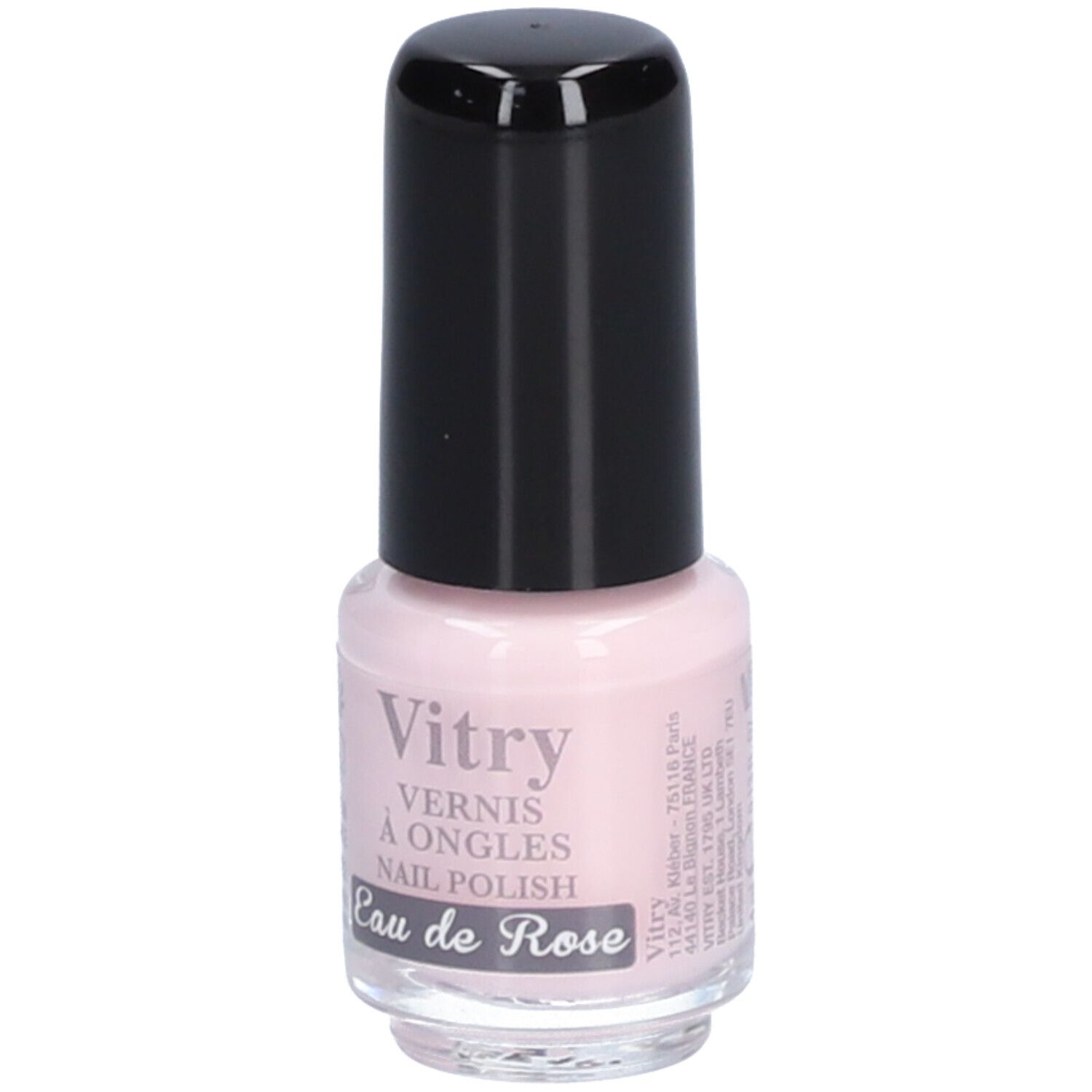 Nagellackflasche mit schwarzem Deckel. Aufschrift: Vitry, Vernis à Ongles, Nail Polish, Eau de Rose.