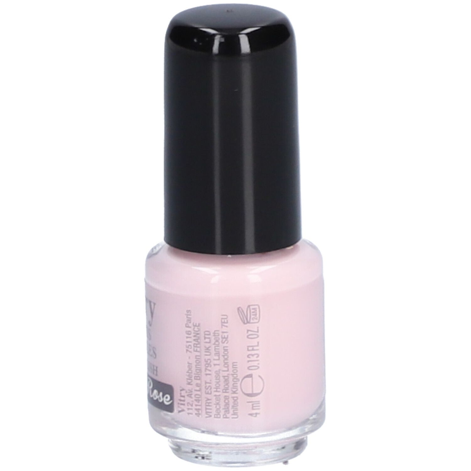 Nagellackflasche mit schwarzem Deckel. Aufschrift: Vitry, Eau de Rose. Volumen: 4 ml.