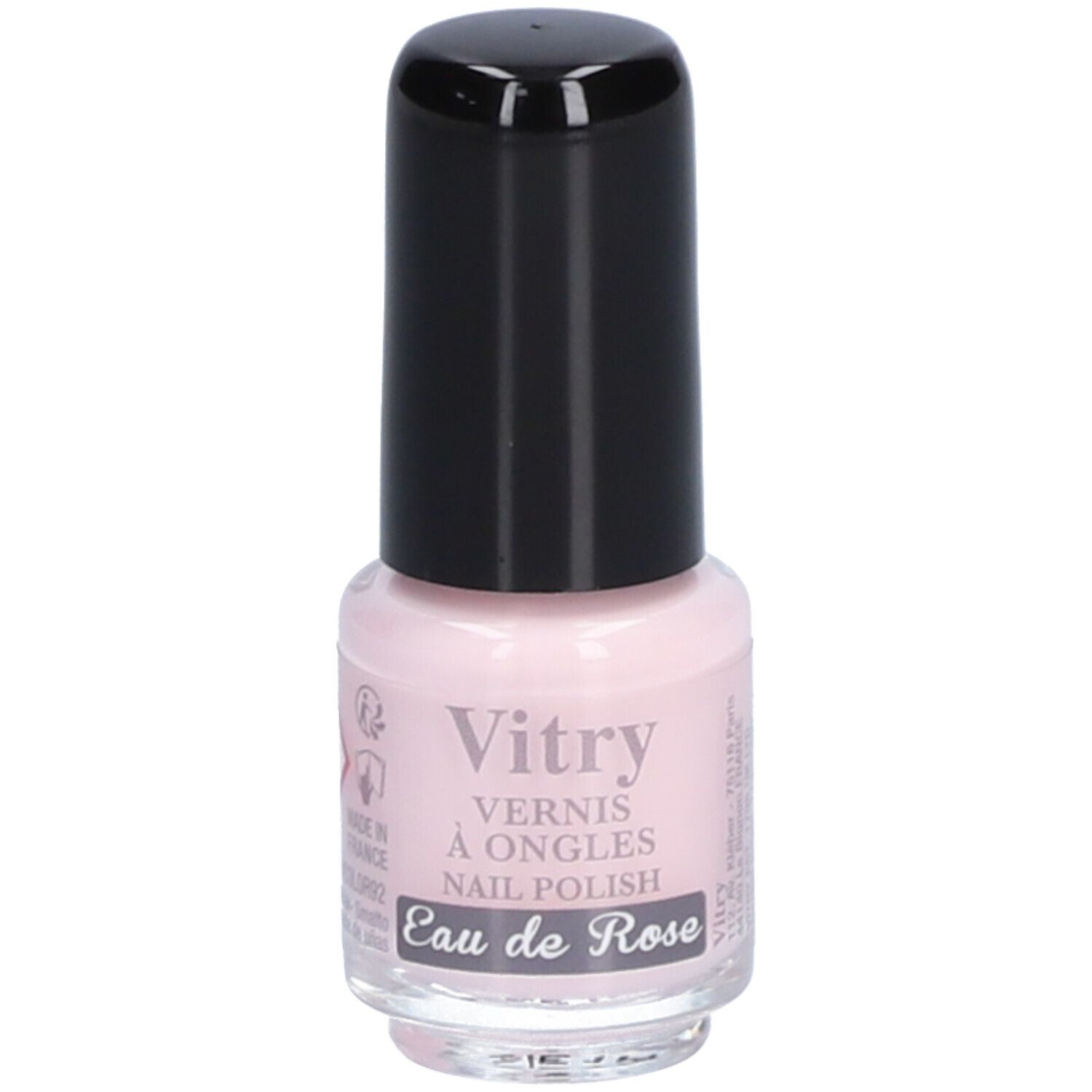 Nagellackflasche mit schwarzem Deckel. Aufschrift: Vitry, Vernis à Ongles, Nail Polish, Eau de Rose.
