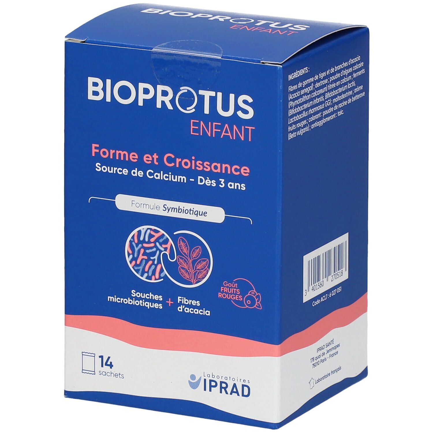 Boîte bleue BIOPROTUS ENFANT. Contient 14 sachets. Texte: Forme et Croissance, Source de Calcium - Dès 3 ans. Logo: Souches + Fibres d'acacia.