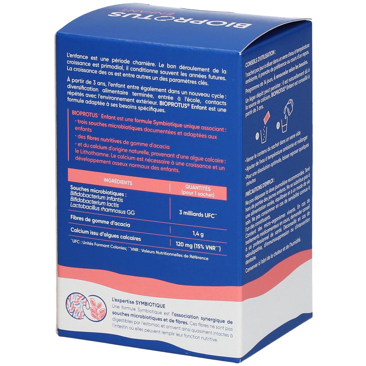 Dos de la boîte bleue BIOPROTUS ENFANT. Contient ingrédients, dosage et mode d'emploi. Logo: Expertise Symbiotique.